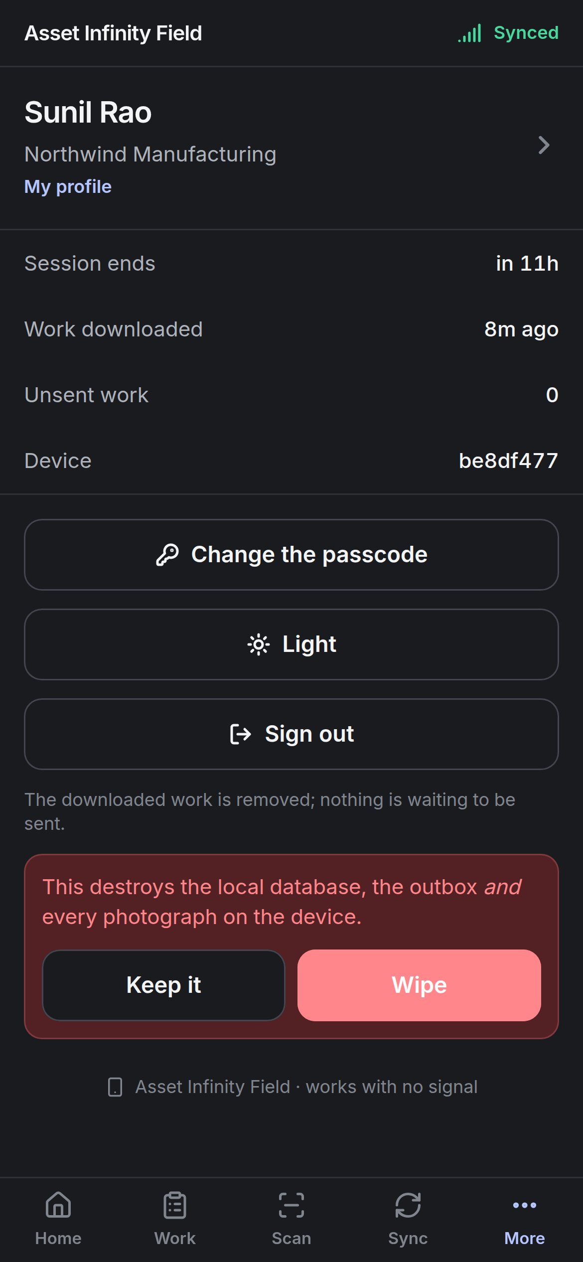 The wipe confirmation: This destroys the local database, the outbox and every photograph on the device