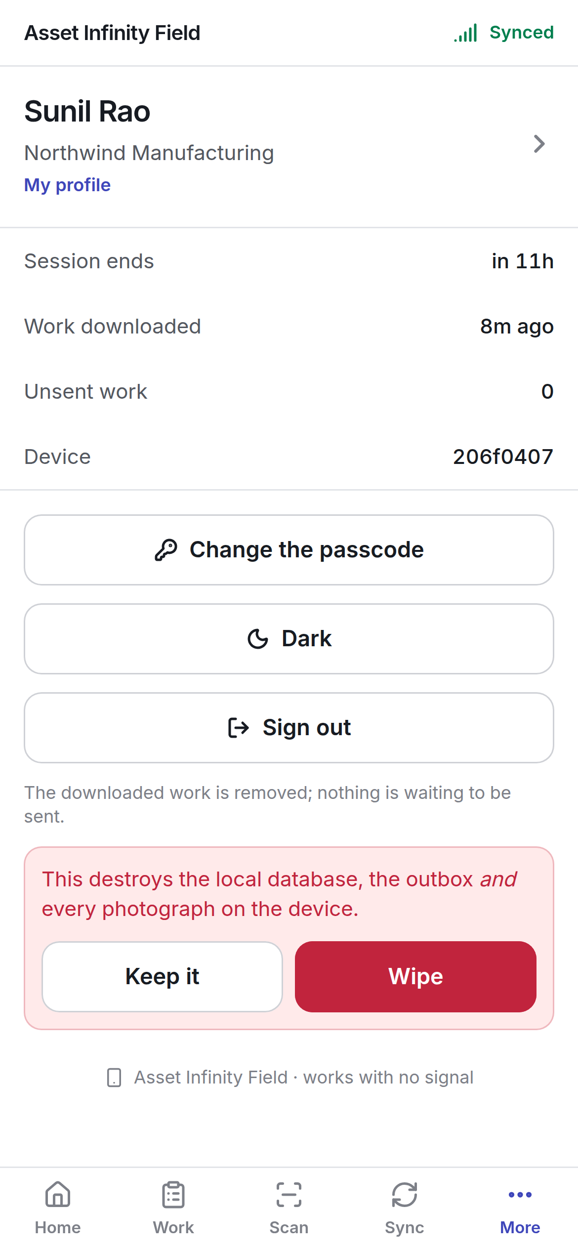 The wipe confirmation: This destroys the local database, the outbox and every photograph on the device
