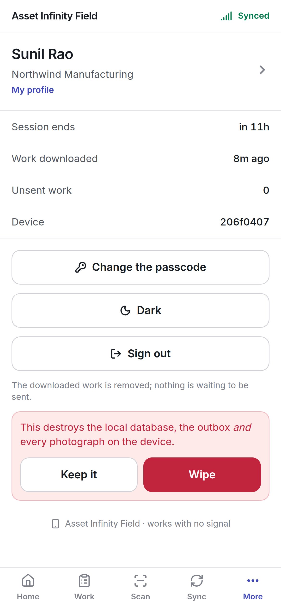 The wipe confirmation: This destroys the local database, the outbox and every photograph on the device