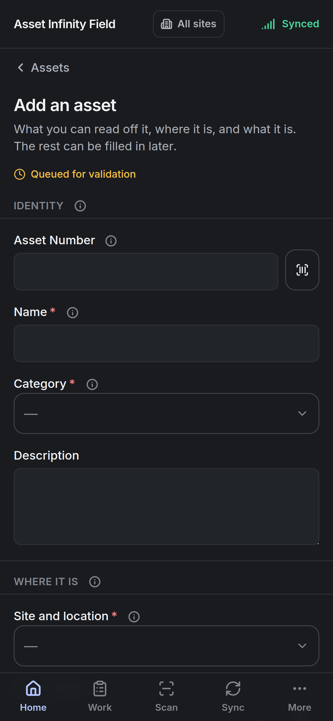 The Add an asset form with Asset Number, Name, Category, Description and Site and location