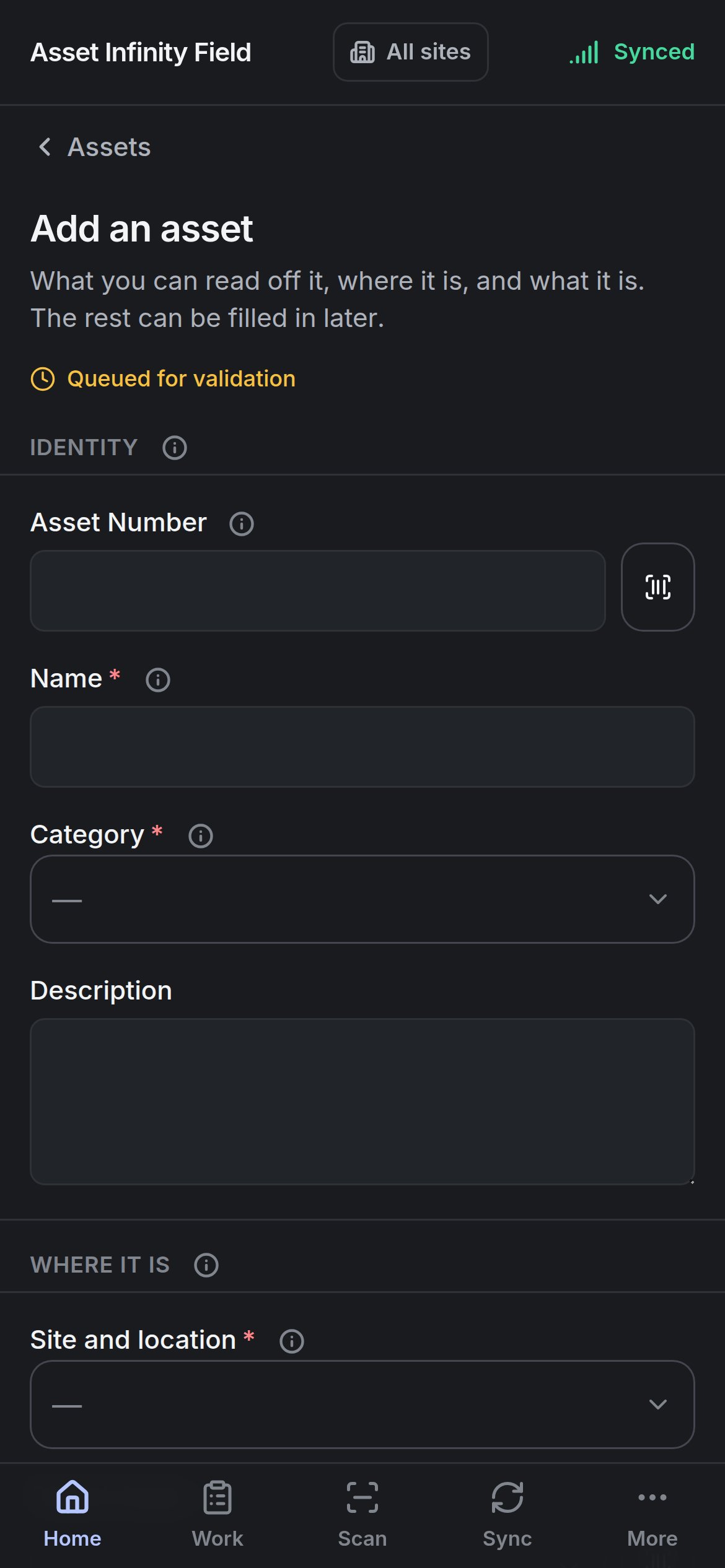 The Add an asset form with Asset Number, Name, Category, Description and Site and location