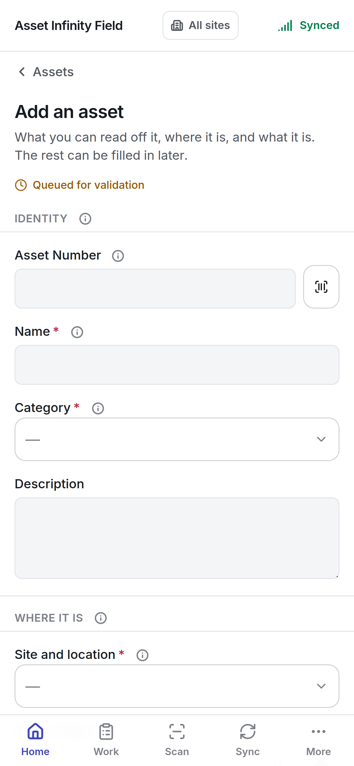 The Add an asset form with Asset Number, Name, Category, Description and Site and location