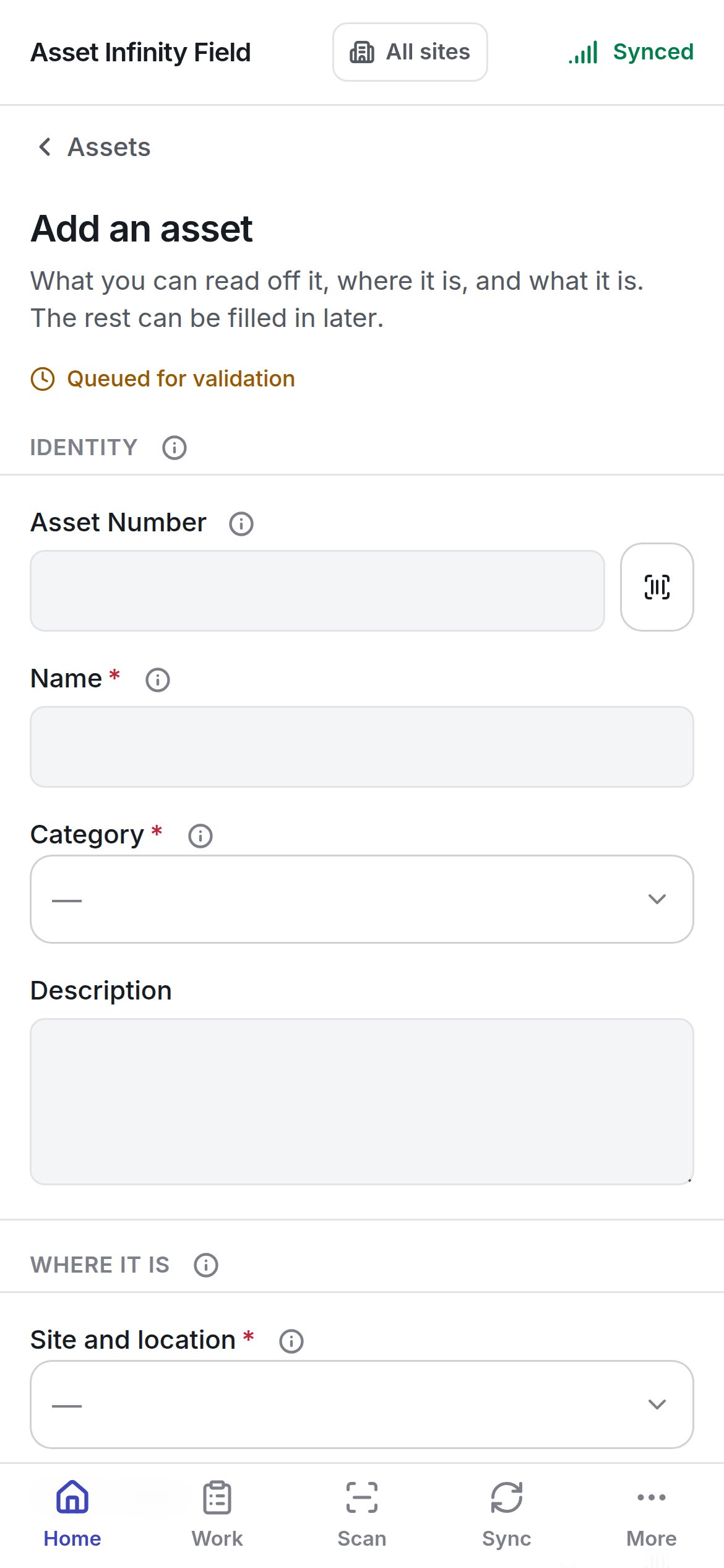The Add an asset form with Asset Number, Name, Category, Description and Site and location