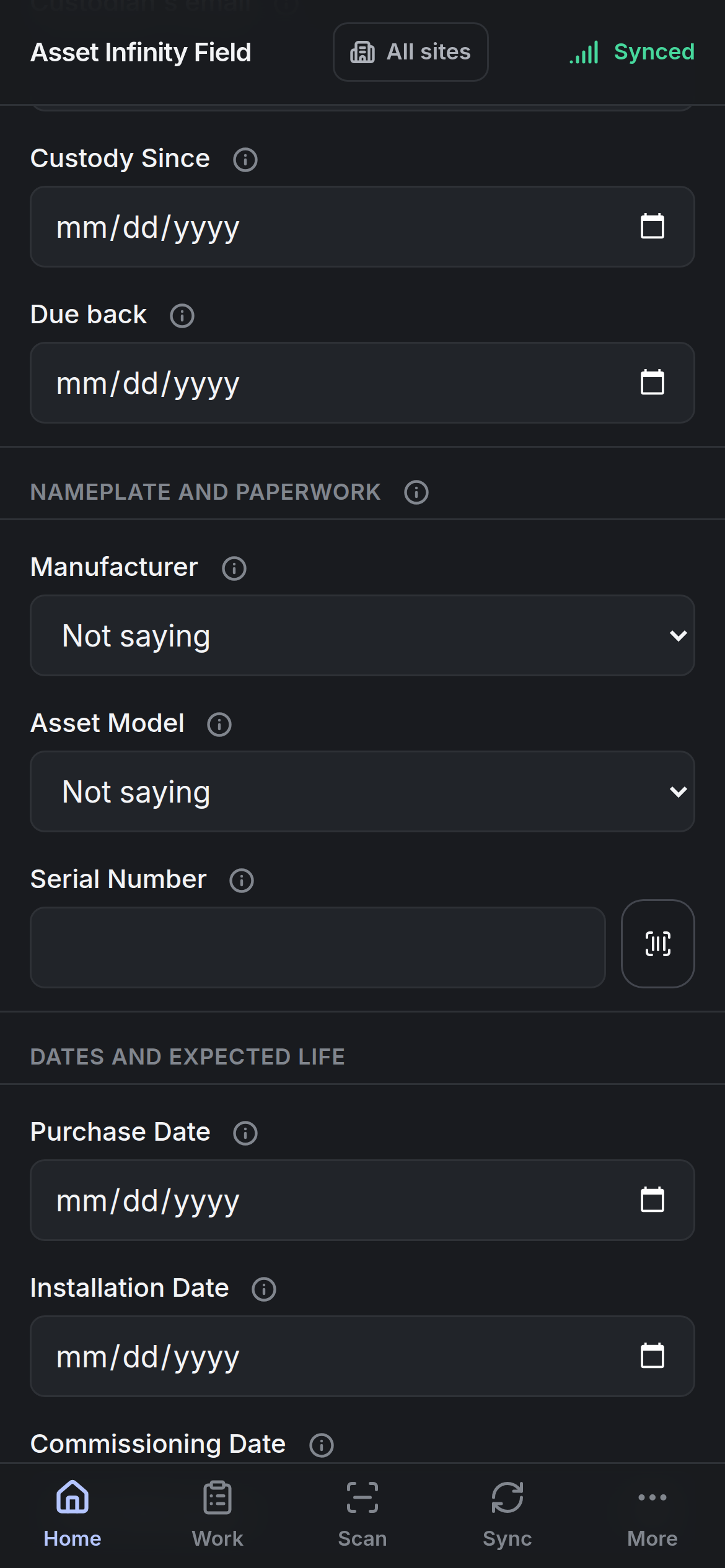 Further down the form: custody dates, nameplate and paperwork, and dates and expected life
