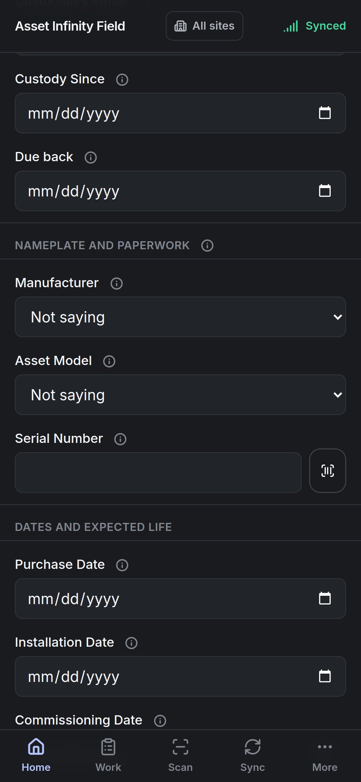 Further down the form: custody dates, nameplate and paperwork, and dates and expected life