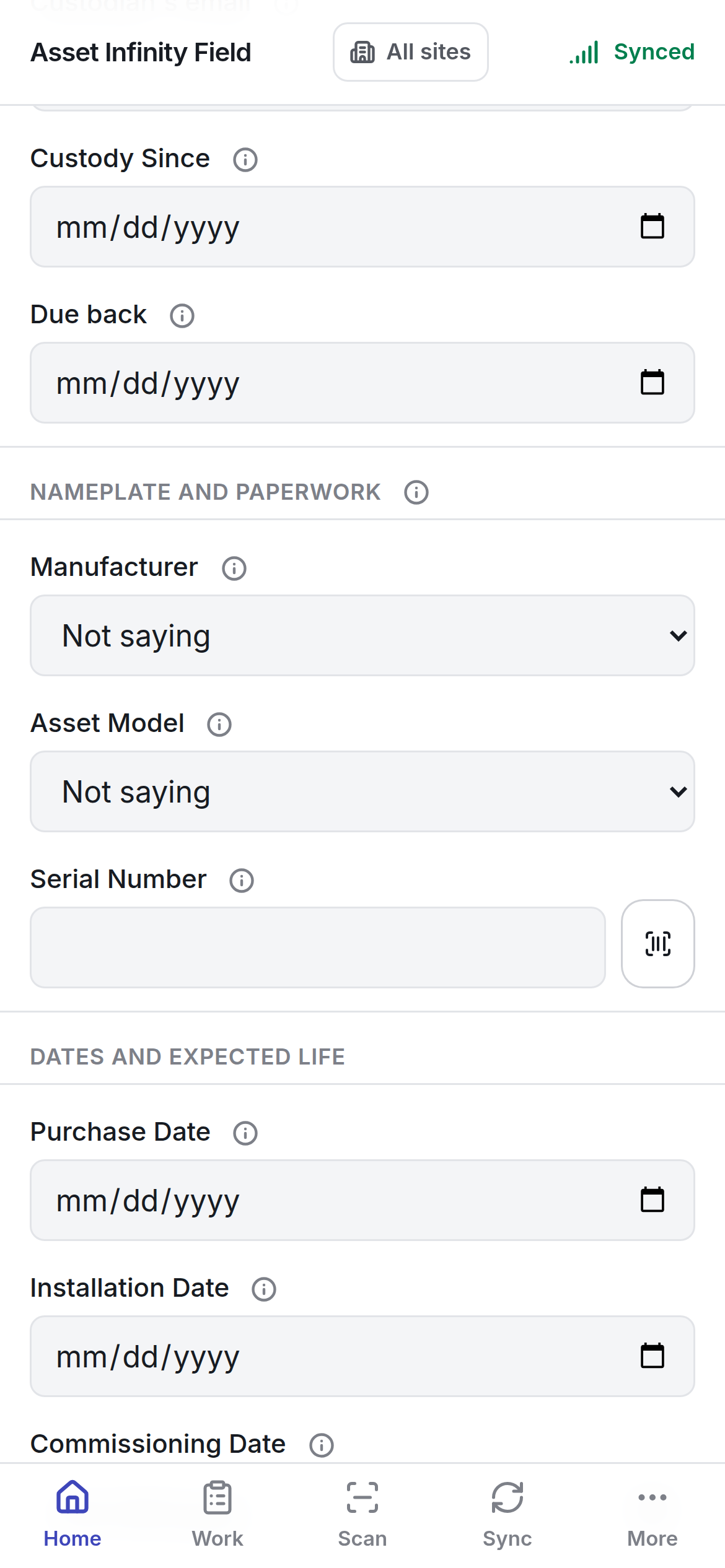 Further down the form: custody dates, nameplate and paperwork, and dates and expected life