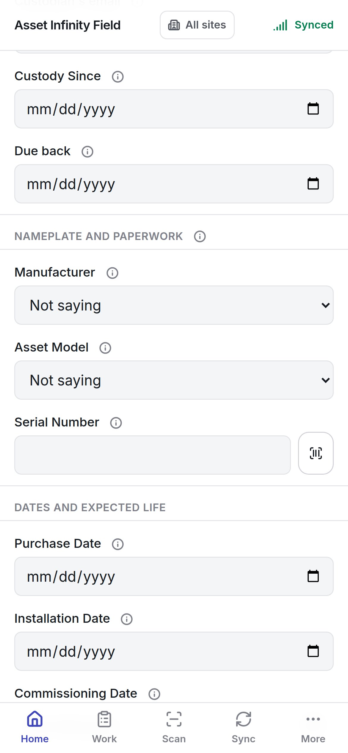Further down the form: custody dates, nameplate and paperwork, and dates and expected life