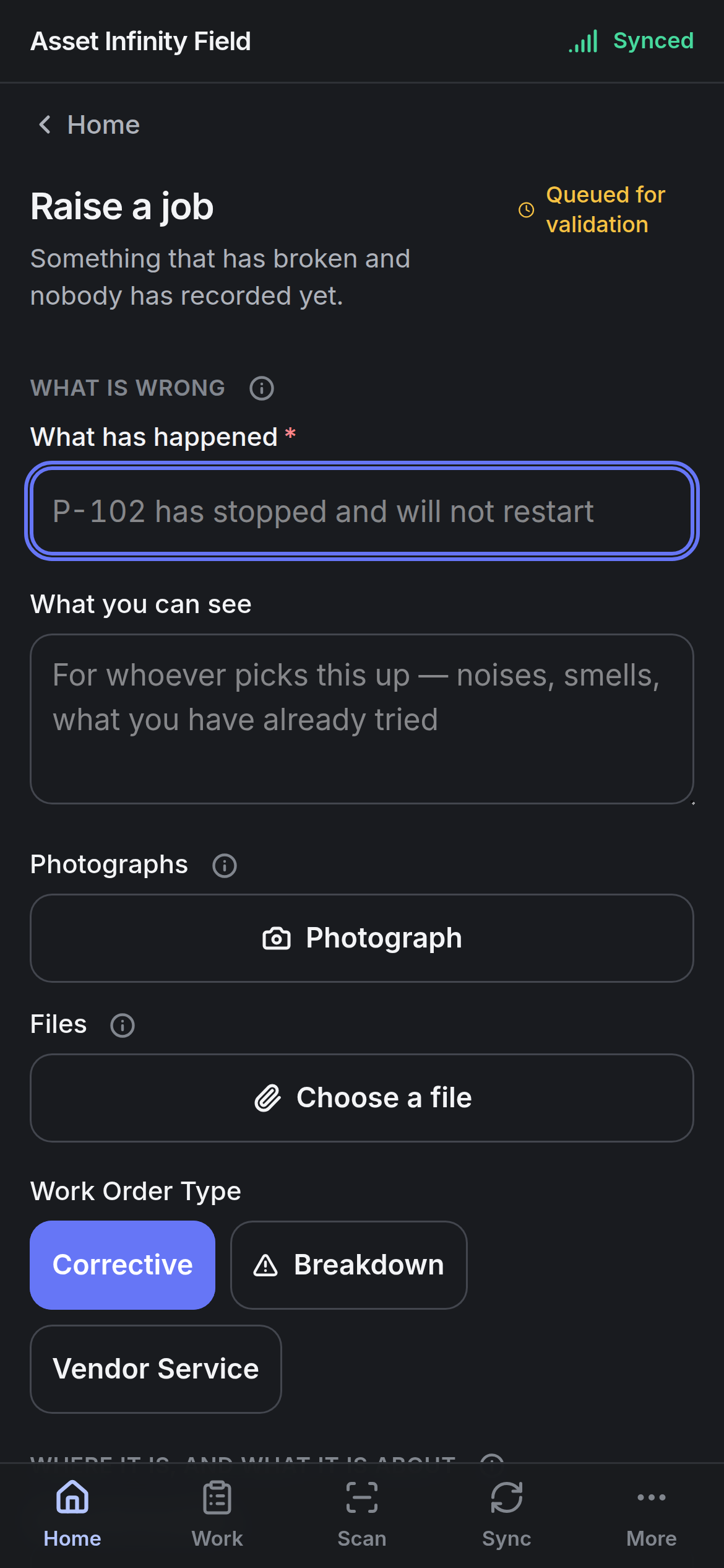 The Raise a job form with What has happened, What you can see, Photographs, Files and Work Order Type