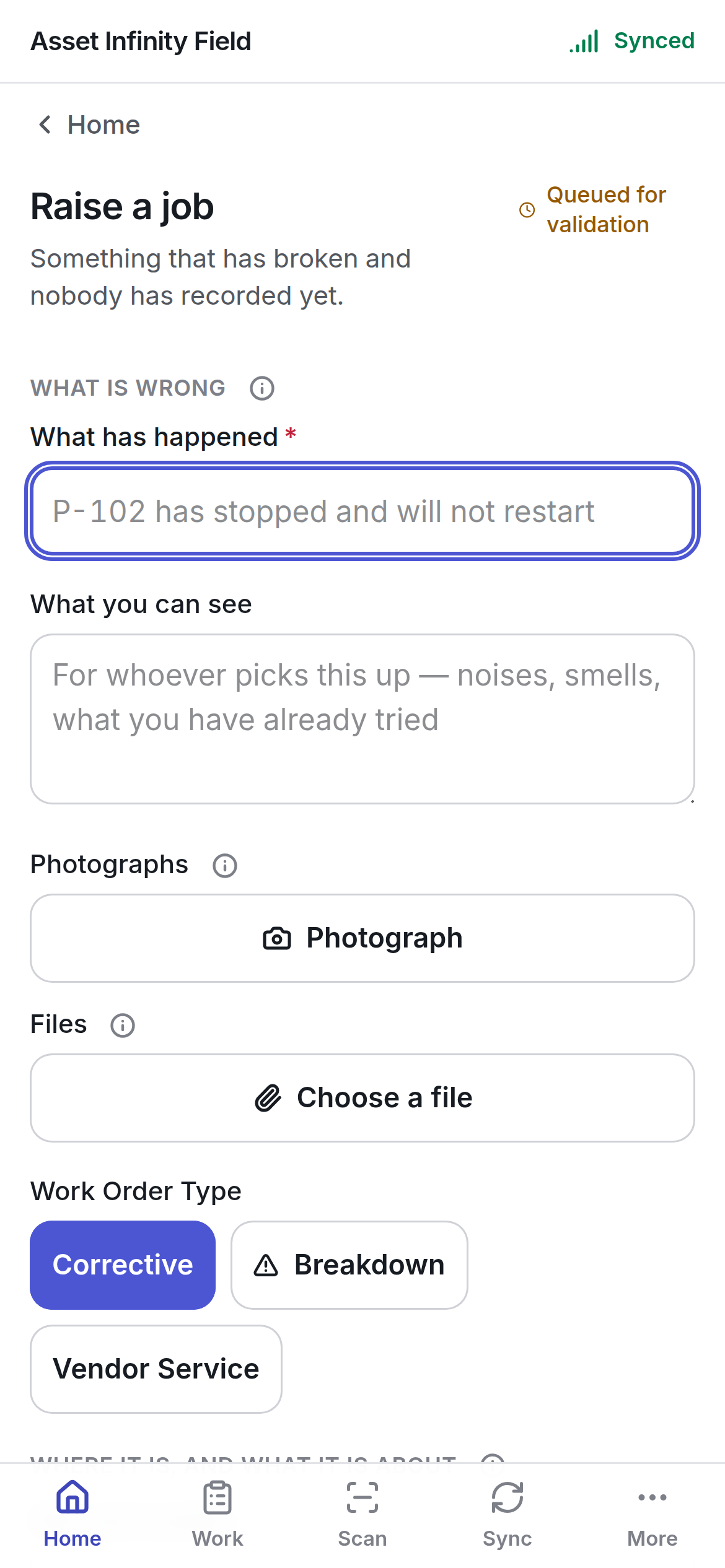 The Raise a job form with What has happened, What you can see, Photographs, Files and Work Order Type