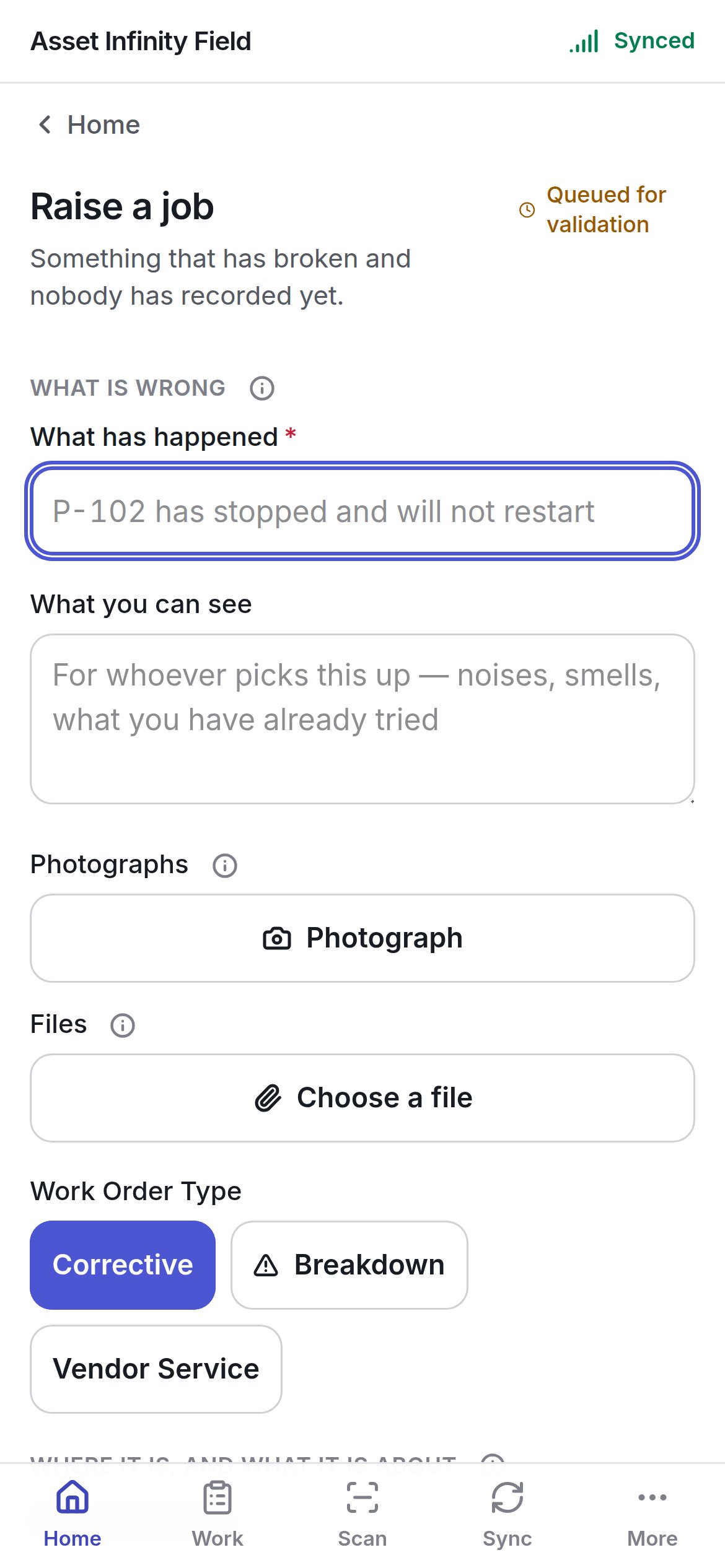 The Raise a job form with What has happened, What you can see, Photographs, Files and Work Order Type
