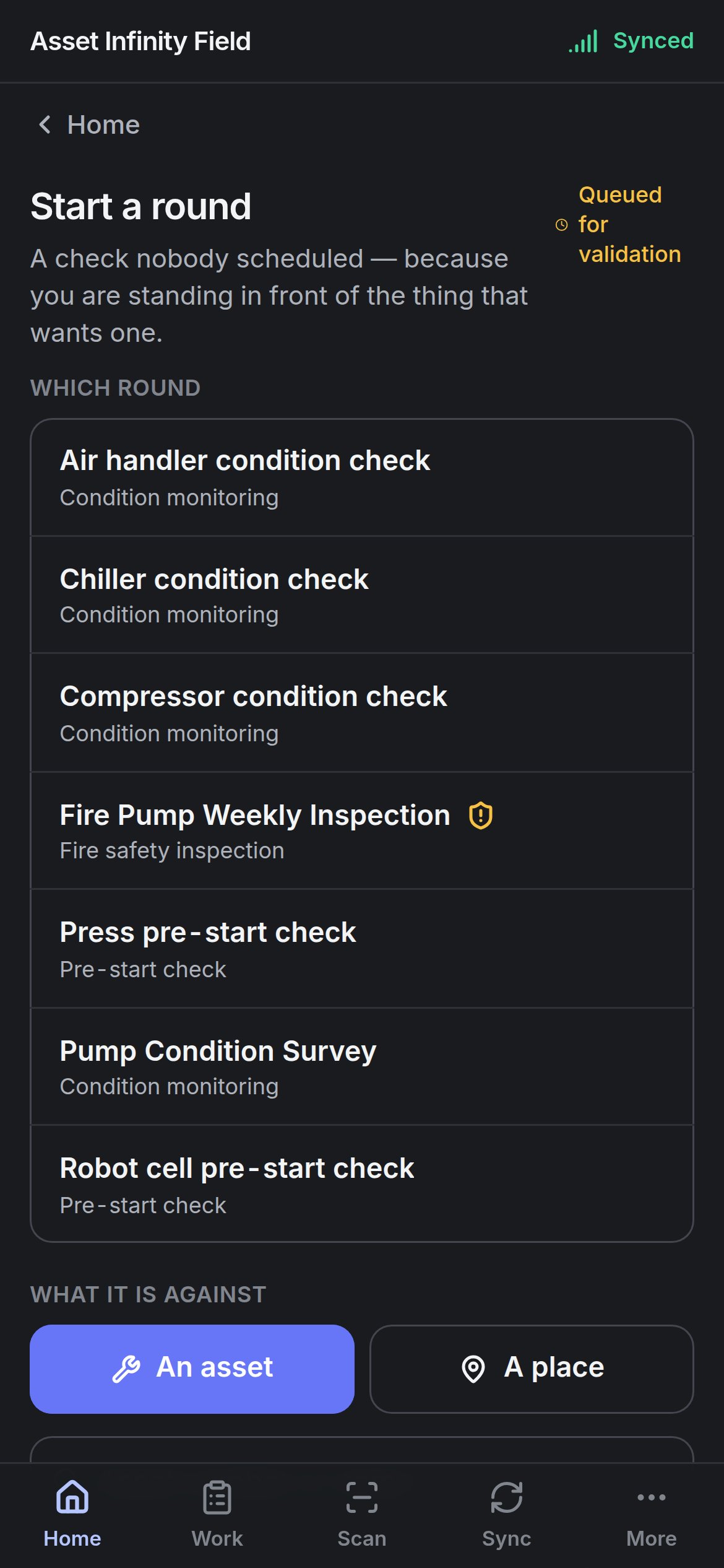 The Start a round form listing the round templates and the An asset and A place choice