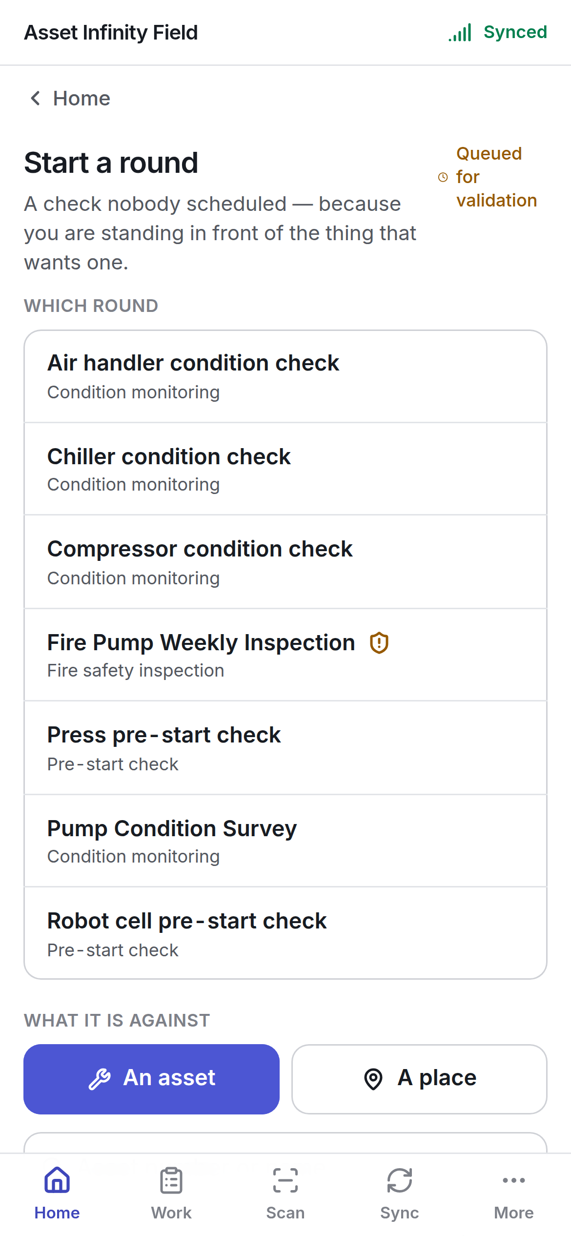 The Start a round form listing the round templates and the An asset and A place choice