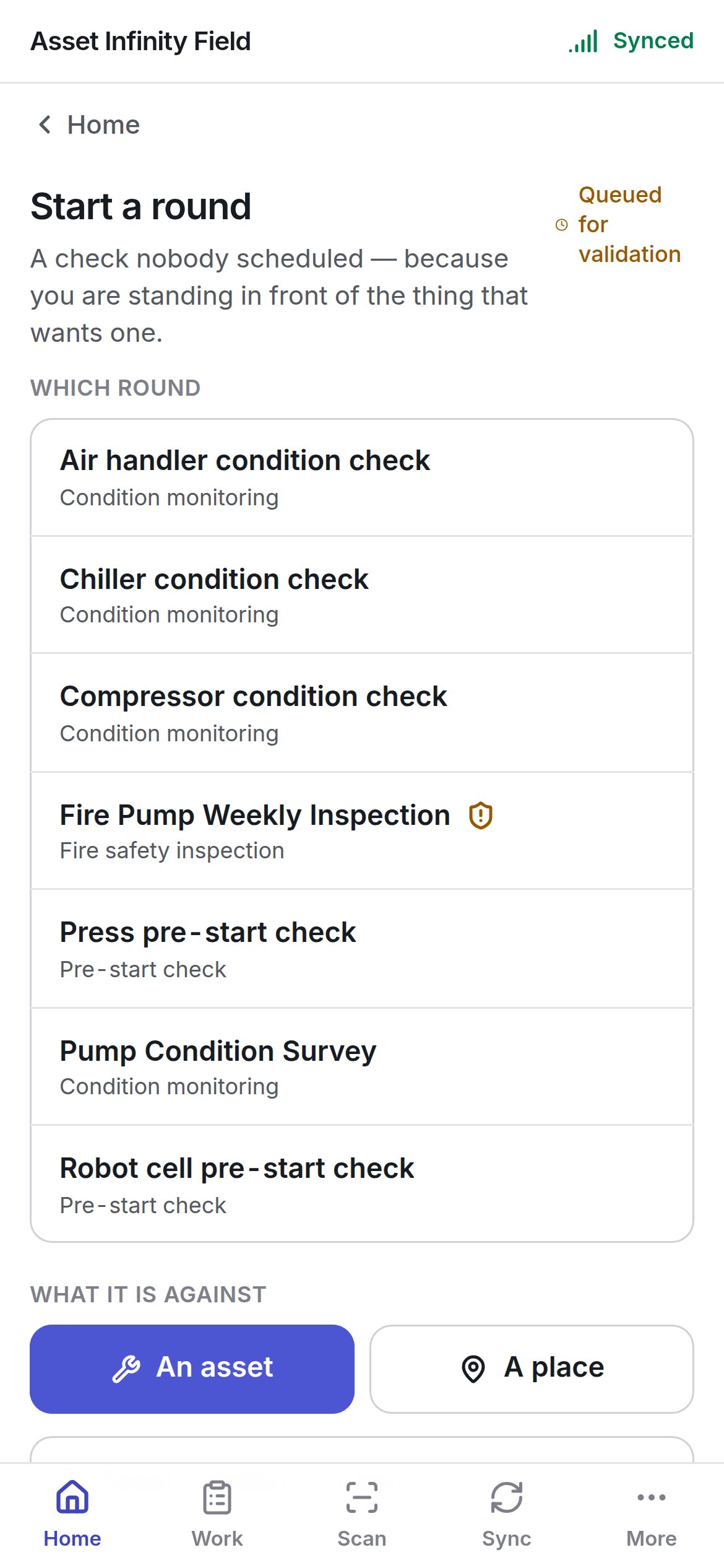 The Start a round form listing the round templates and the An asset and A place choice