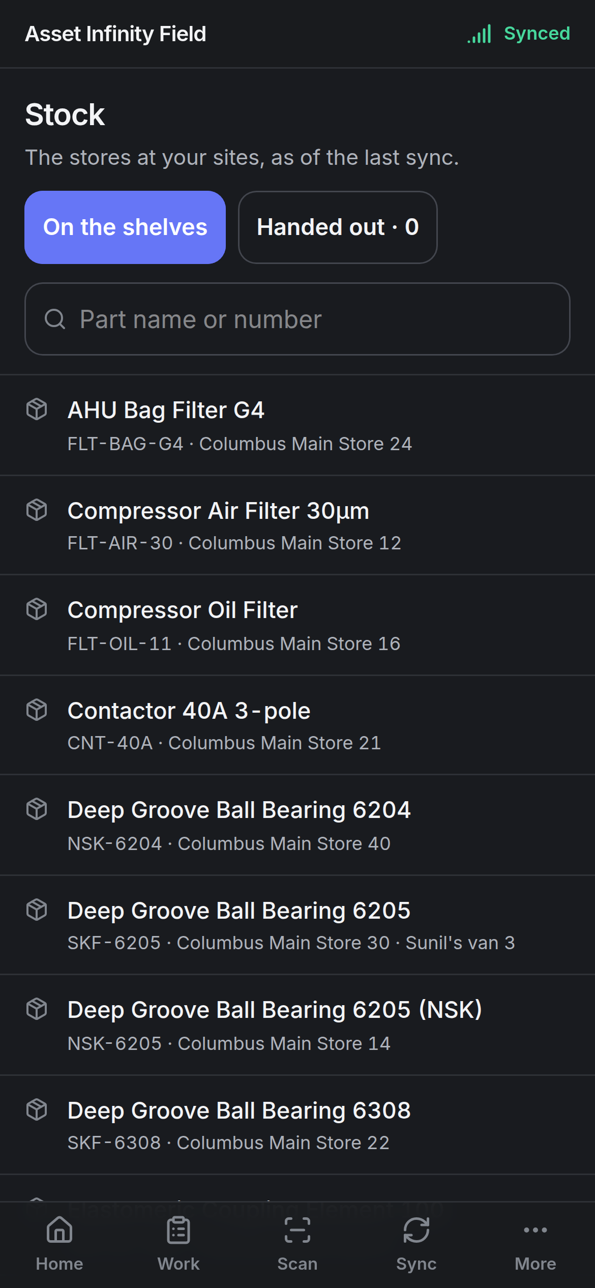 The Stock screen listing parts with the stores that hold them