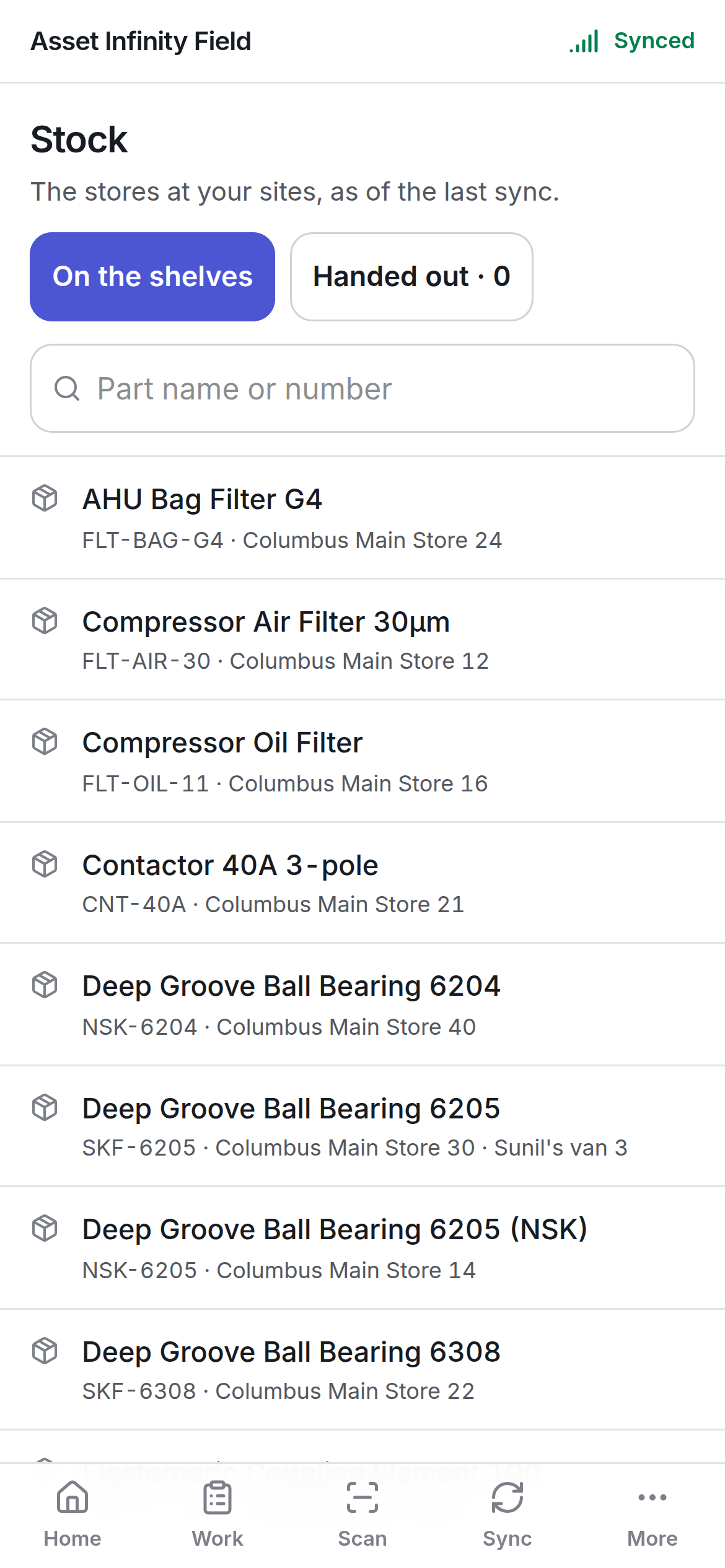 The Stock screen listing parts with the stores that hold them