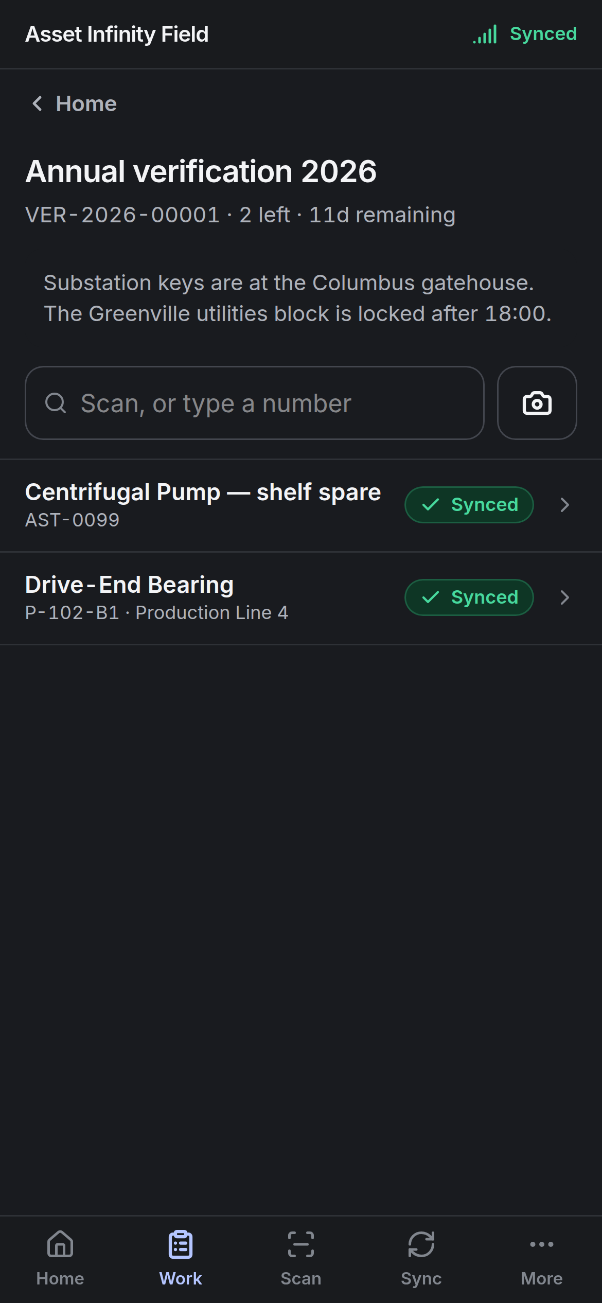 A verification count with its instructions and the assets still to walk