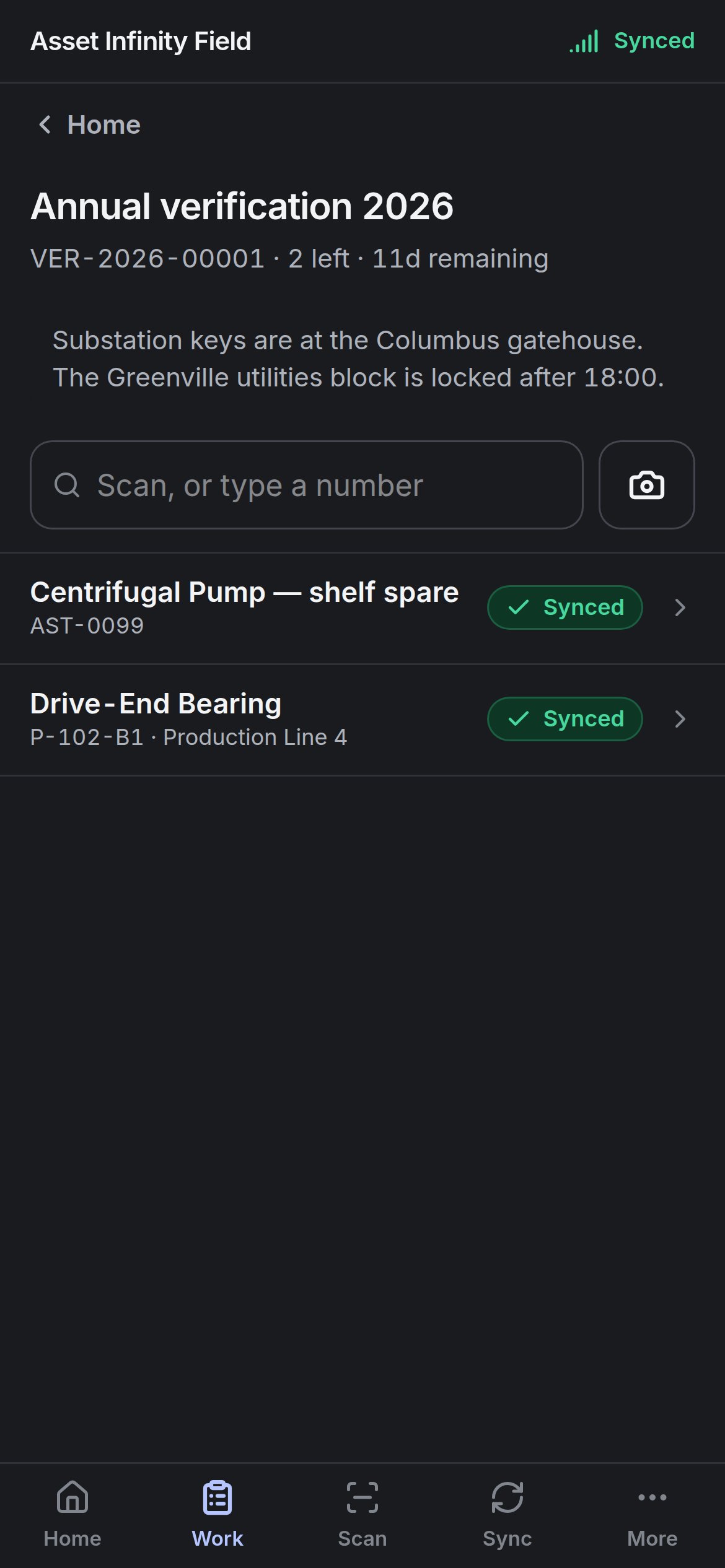 A verification count with its instructions and the assets still to walk