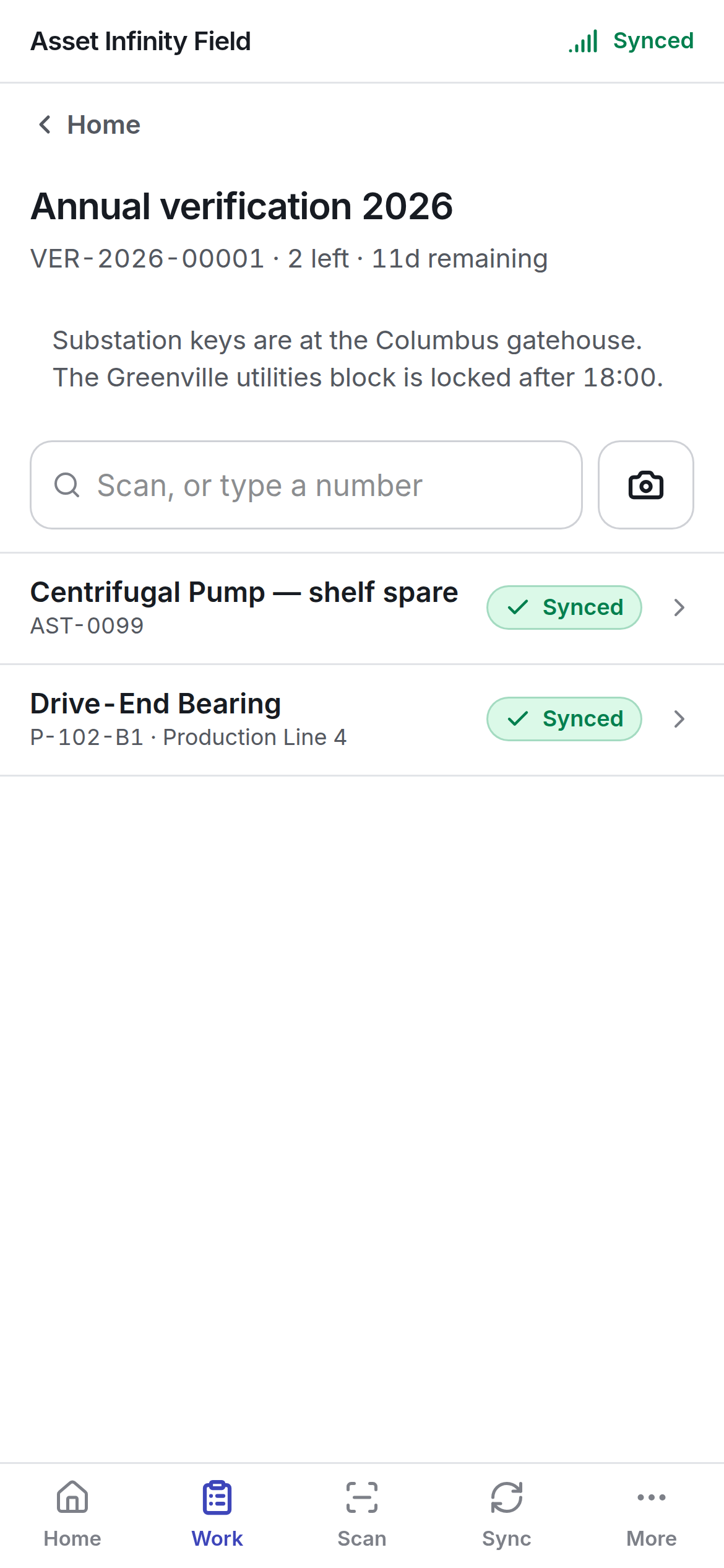 A verification count with its instructions and the assets still to walk