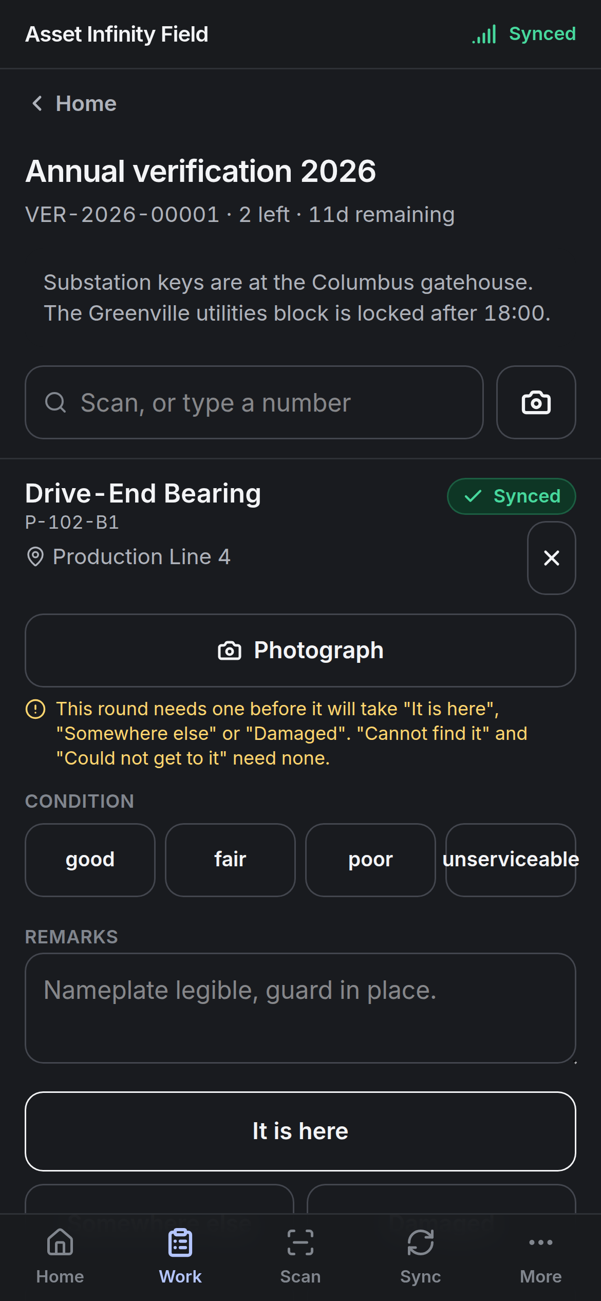 Recording a verification line with Photograph, Condition, Remarks and It is here