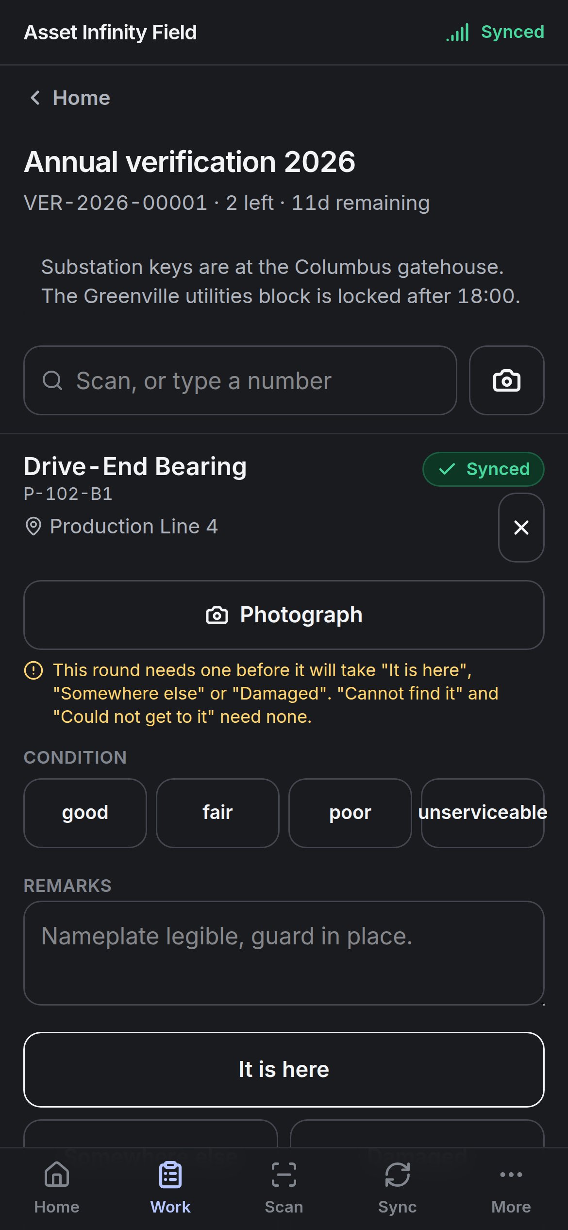 Recording a verification line with Photograph, Condition, Remarks and It is here