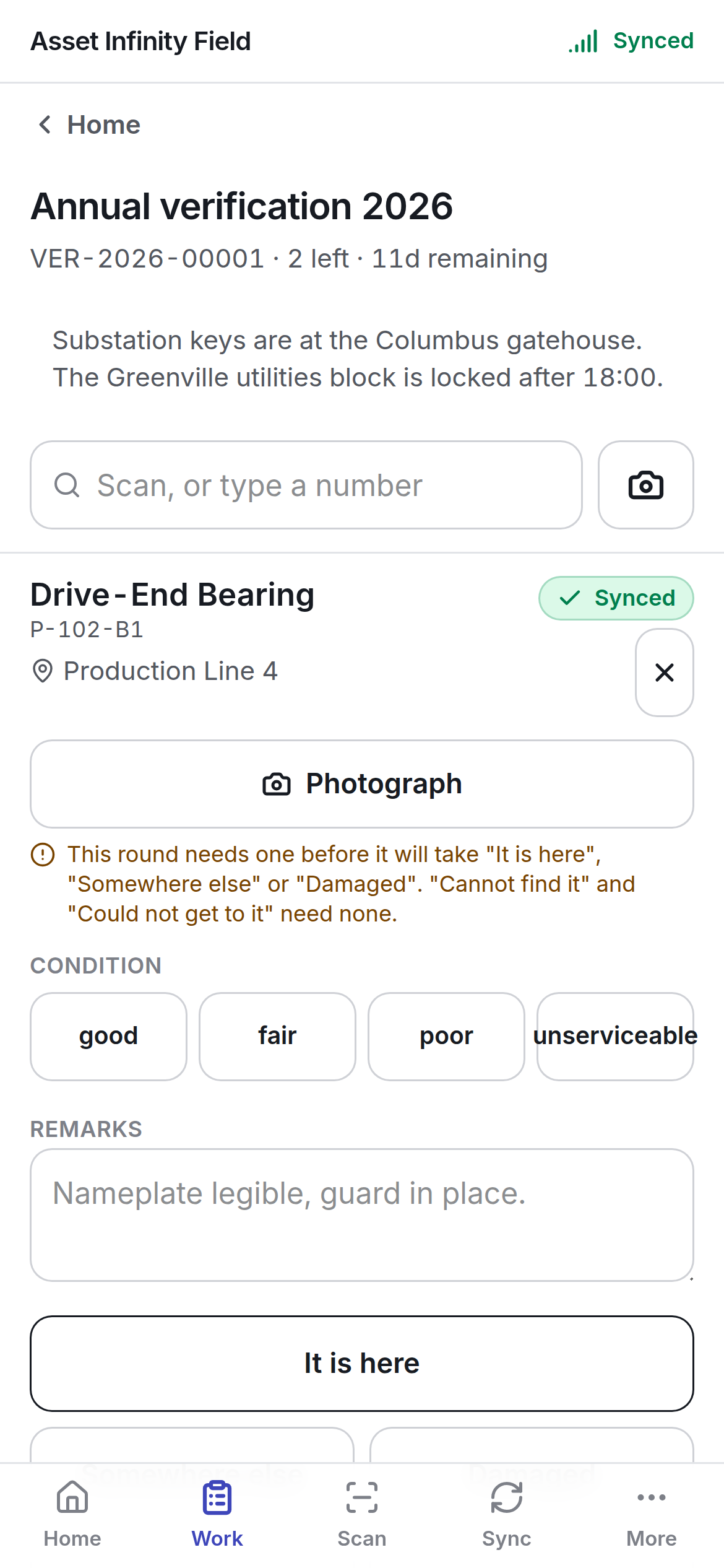 Recording a verification line with Photograph, Condition, Remarks and It is here