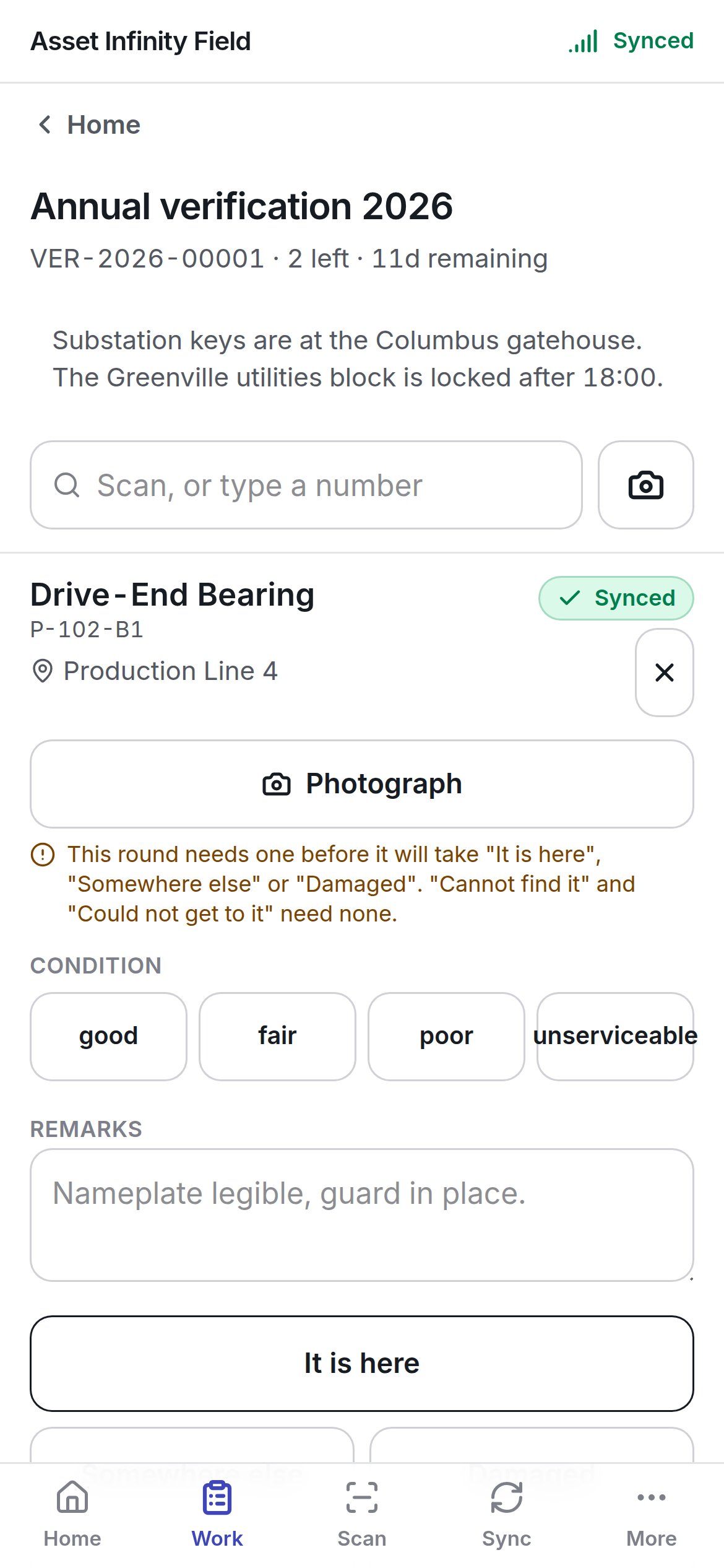 Recording a verification line with Photograph, Condition, Remarks and It is here