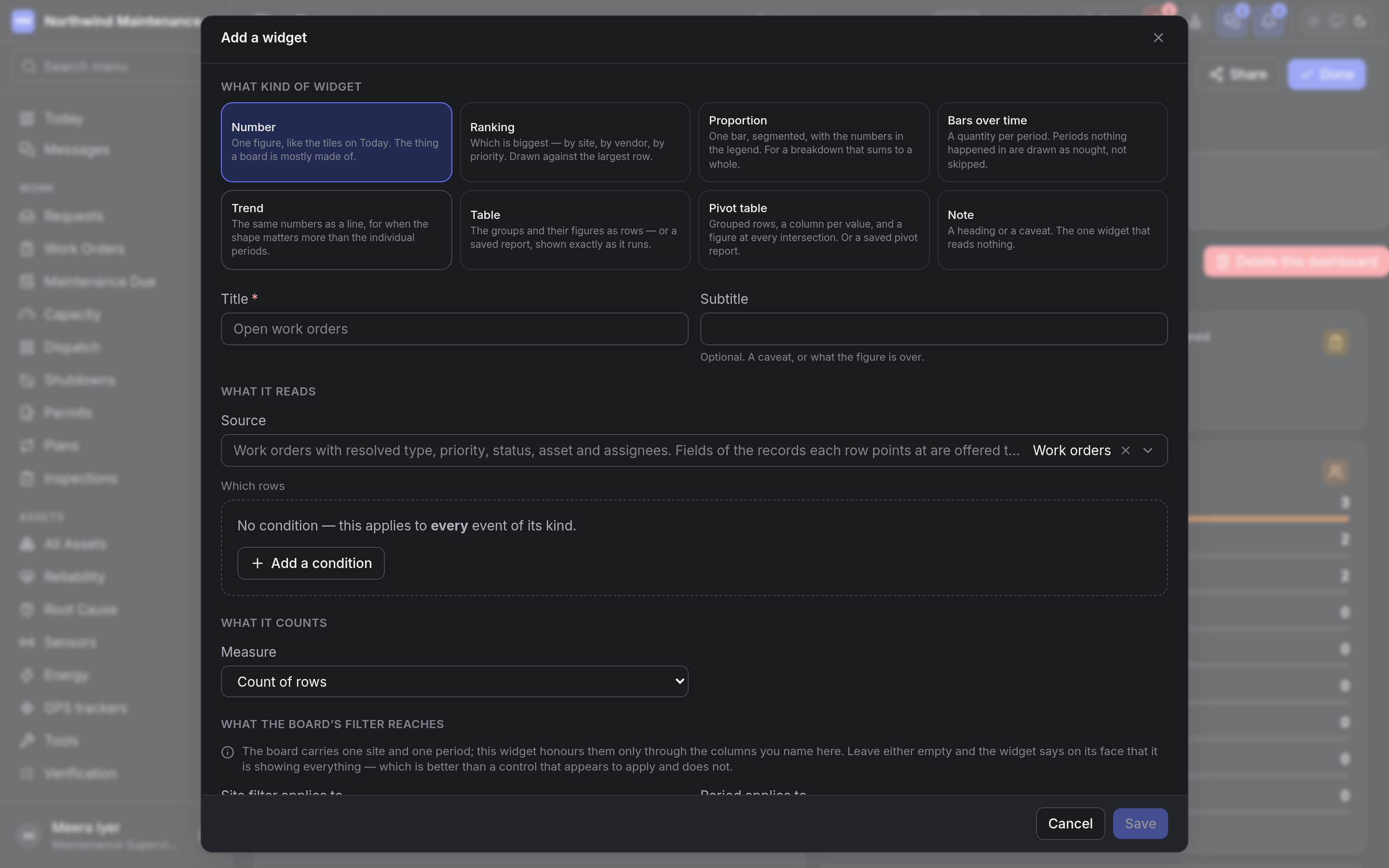 The Add a widget editor showing the eight kinds of widget, the title and the source
