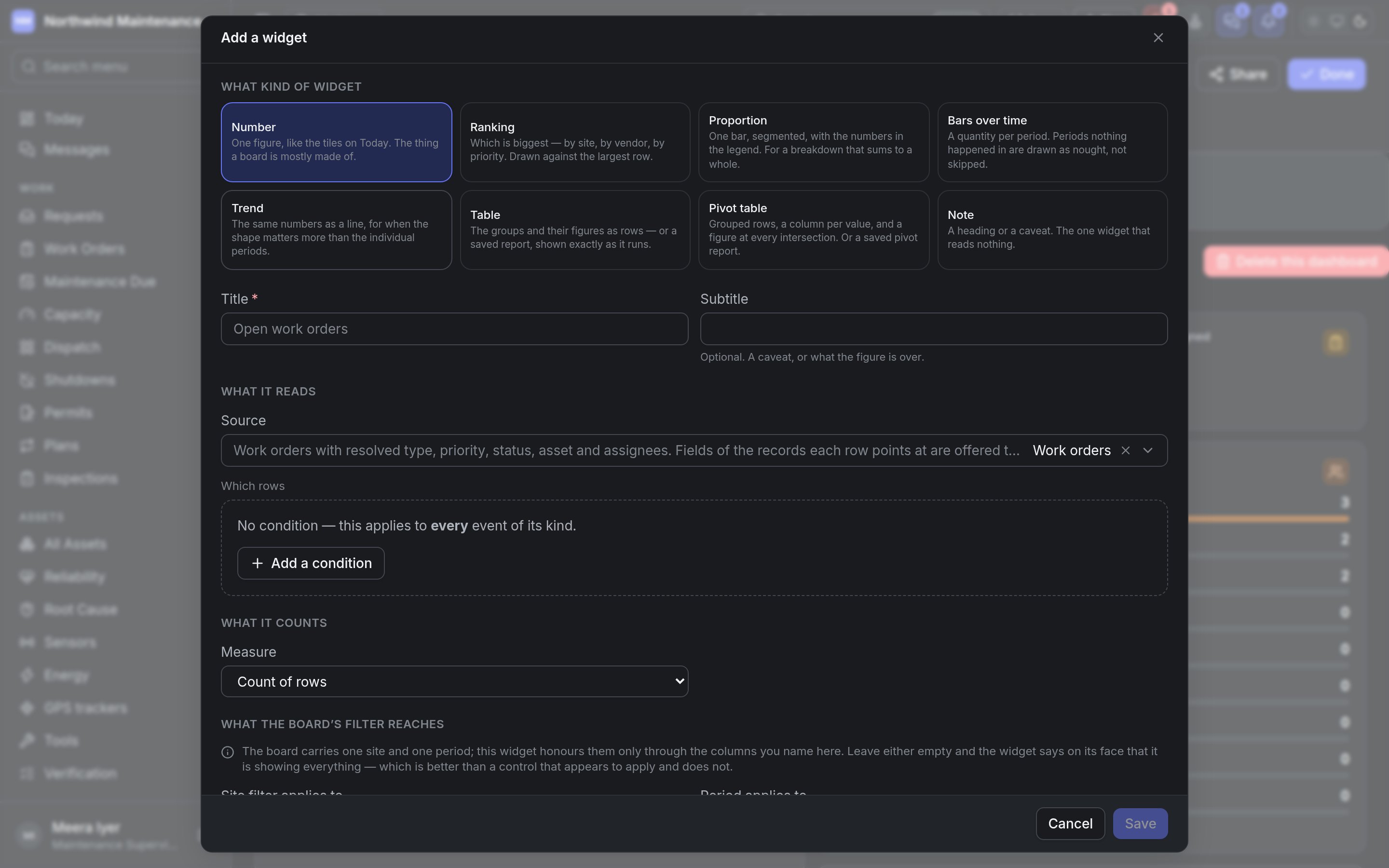The Add a widget editor showing the eight kinds of widget, the title and the source