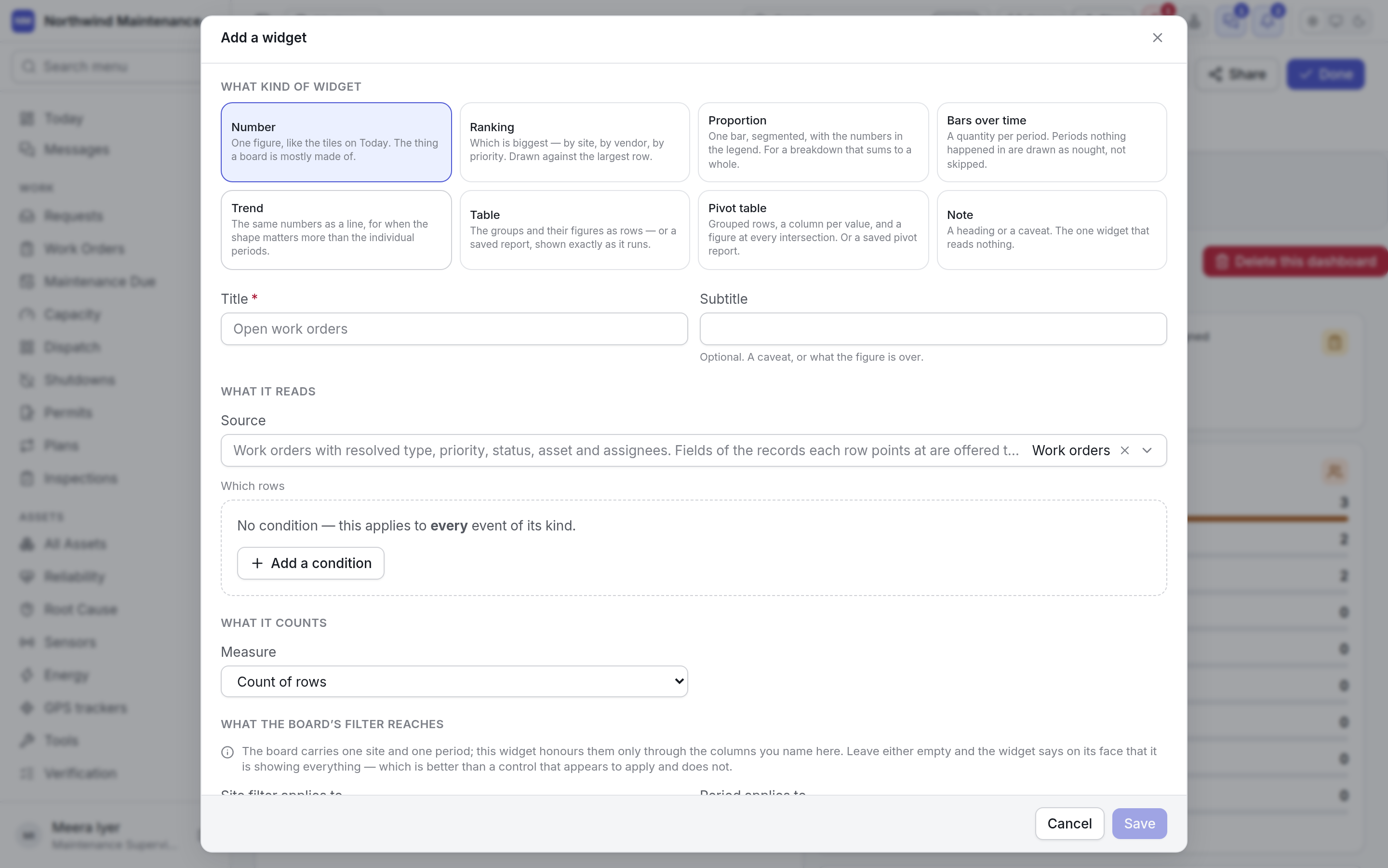 The Add a widget editor showing the eight kinds of widget, the title and the source