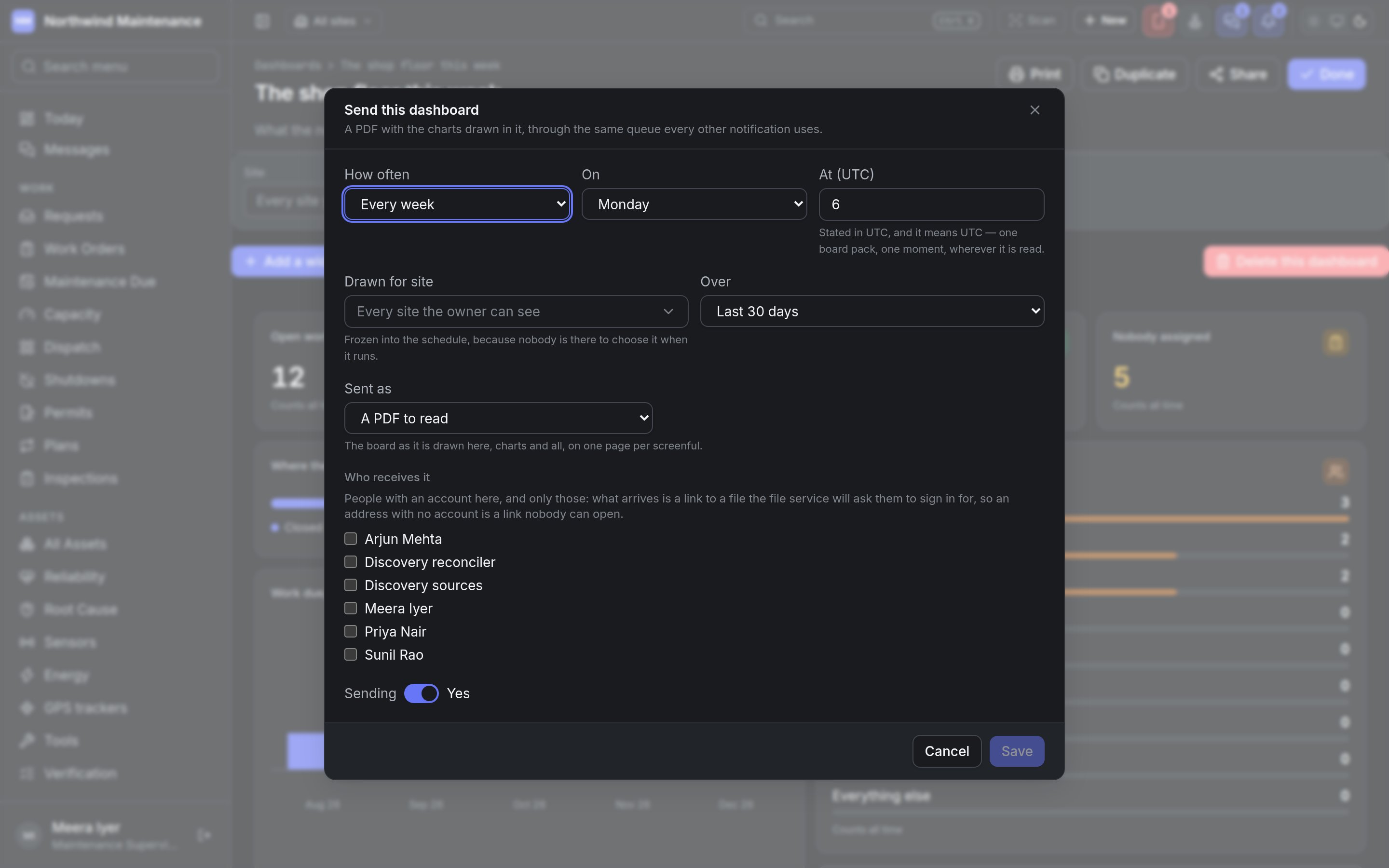 The Send this dashboard dialog with cadence, hour, site, period, format and recipients