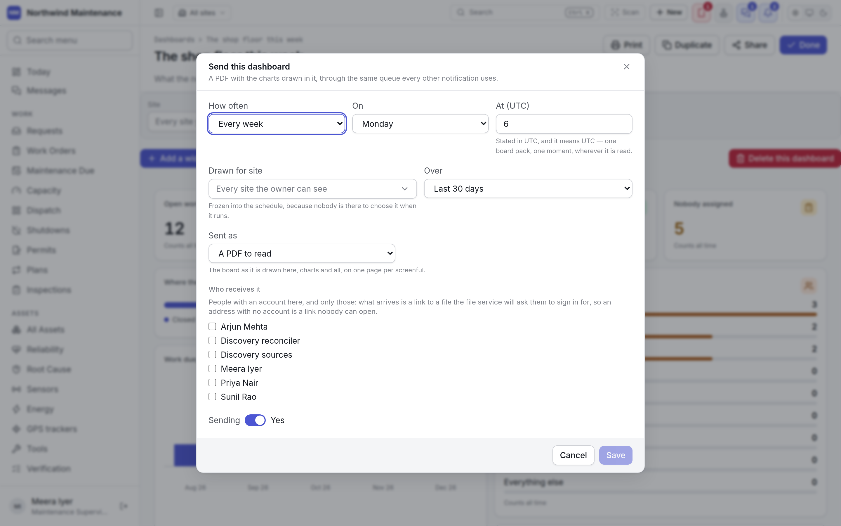 The Send this dashboard dialog with cadence, hour, site, period, format and recipients