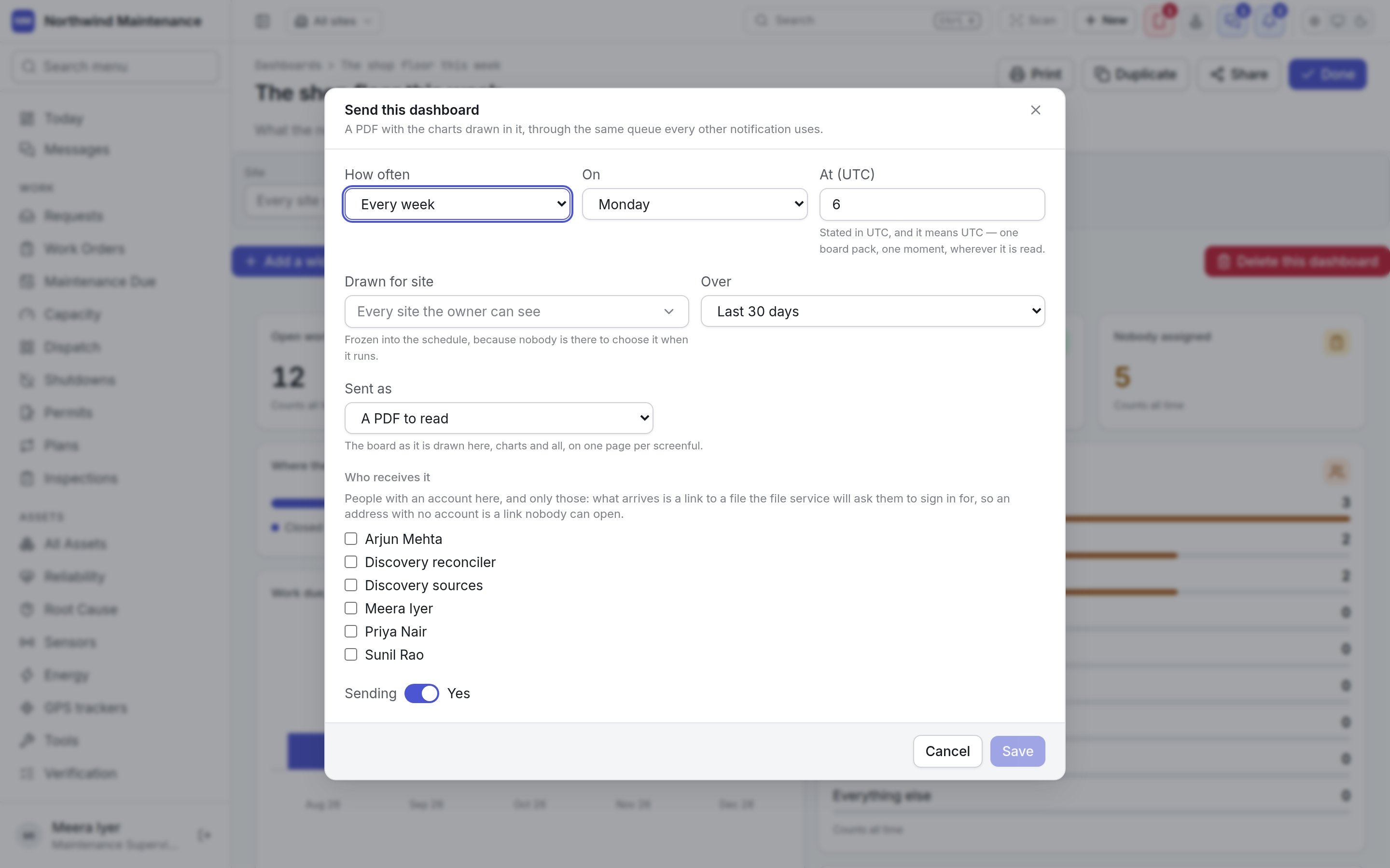 The Send this dashboard dialog with cadence, hour, site, period, format and recipients