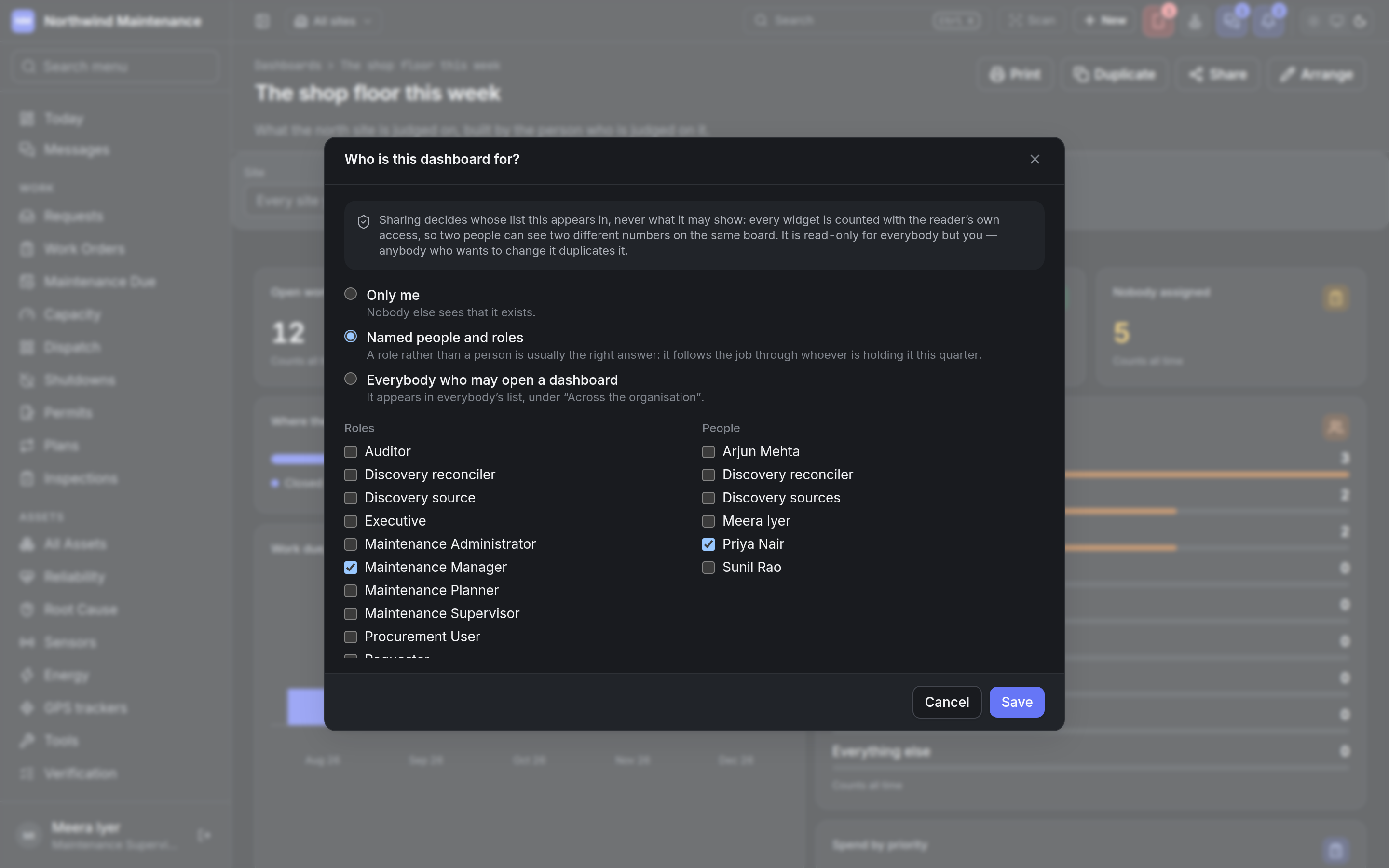 The Who is this dashboard for dialog with the three audiences