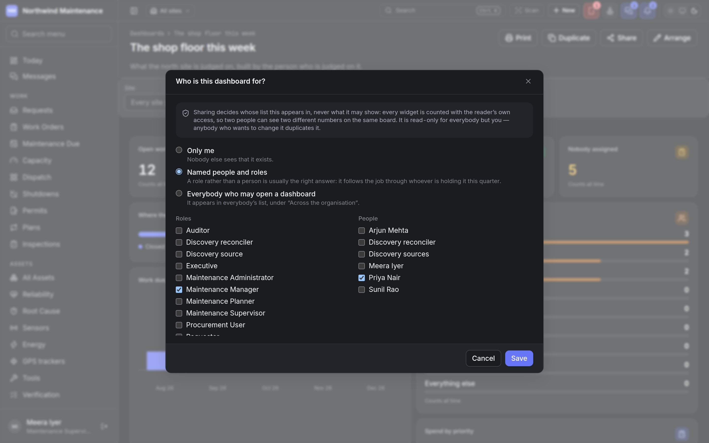 The Who is this dashboard for dialog with the three audiences