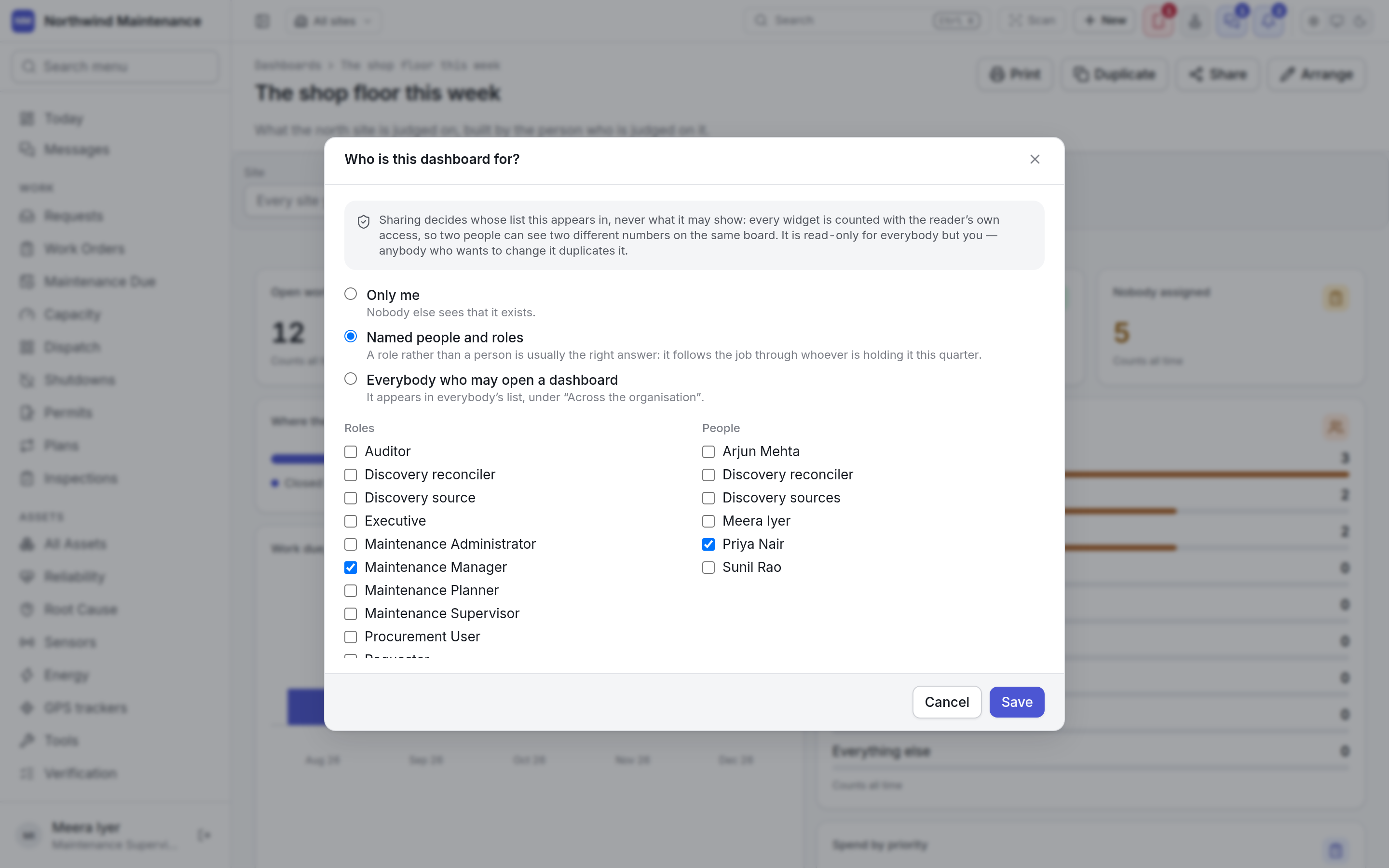 The Who is this dashboard for dialog with the three audiences