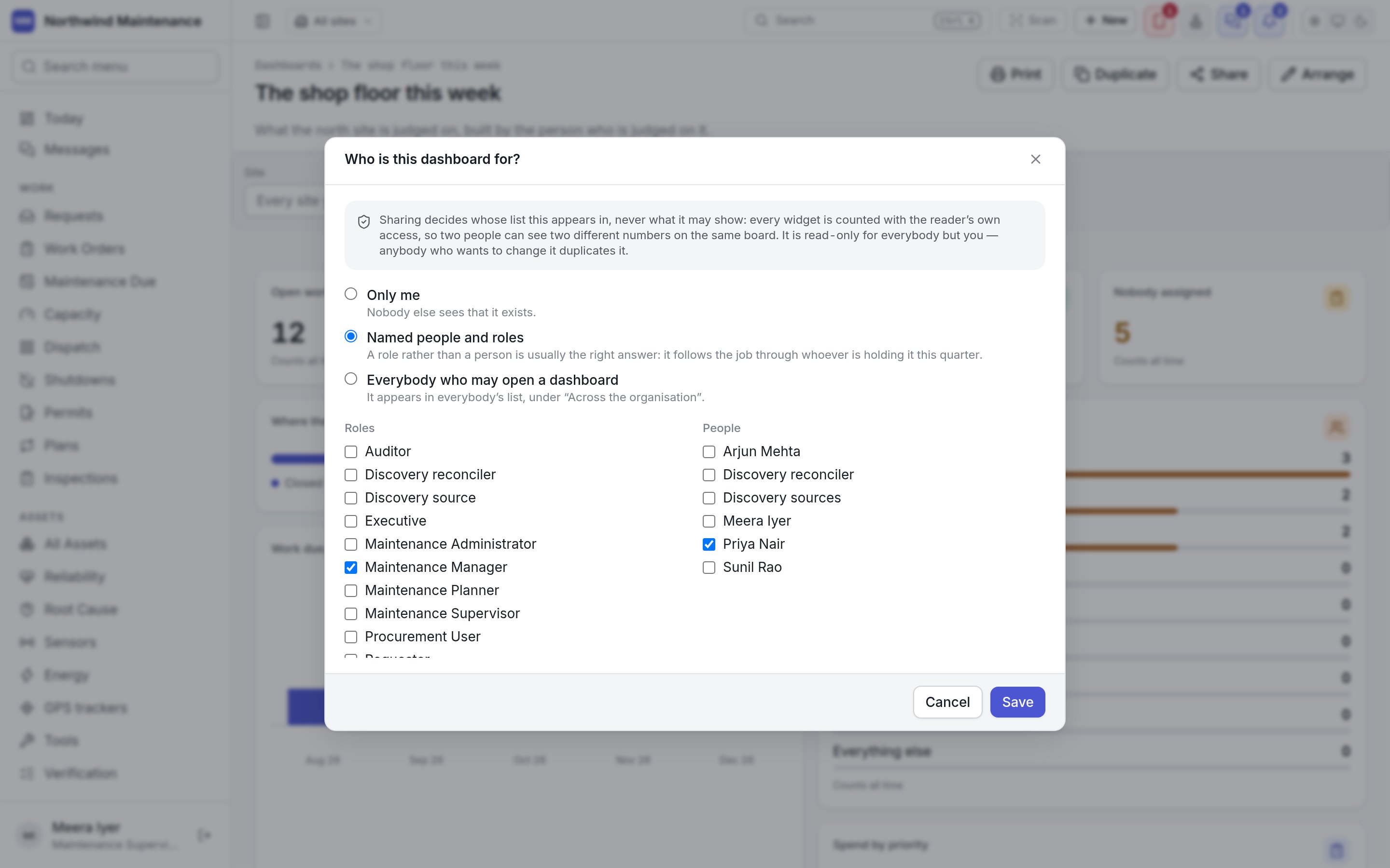The Who is this dashboard for dialog with the three audiences