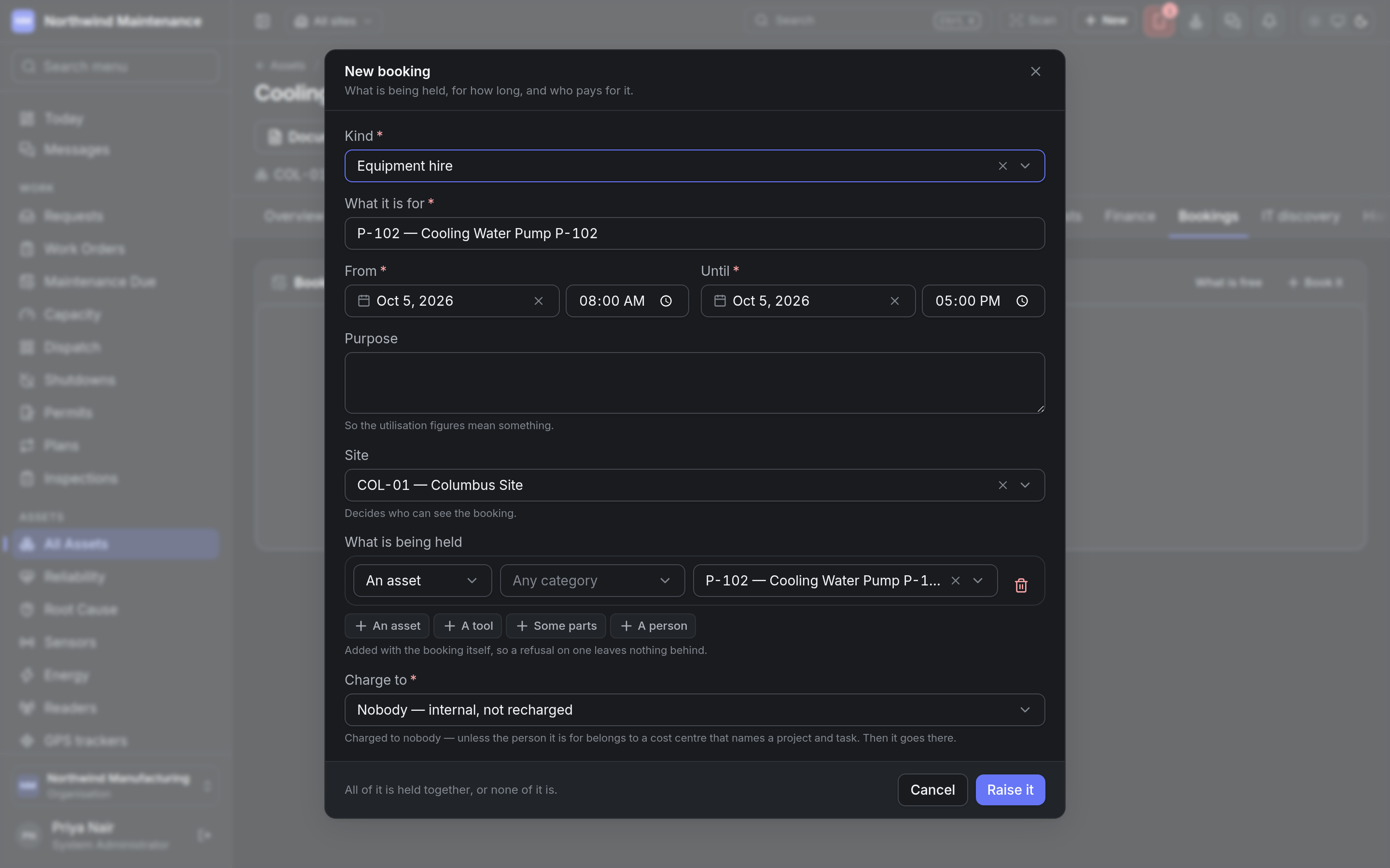 The New booking form raised from an asset, with the asset already on it