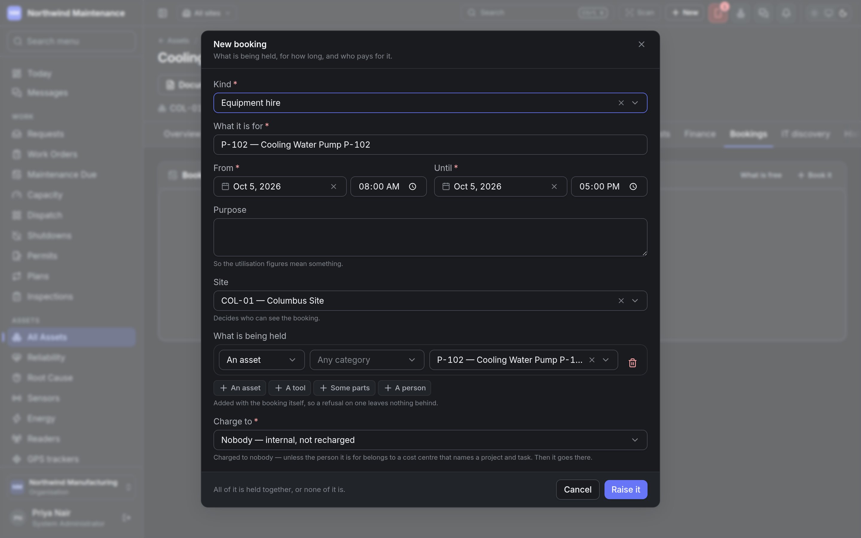The New booking form raised from an asset, with the asset already on it