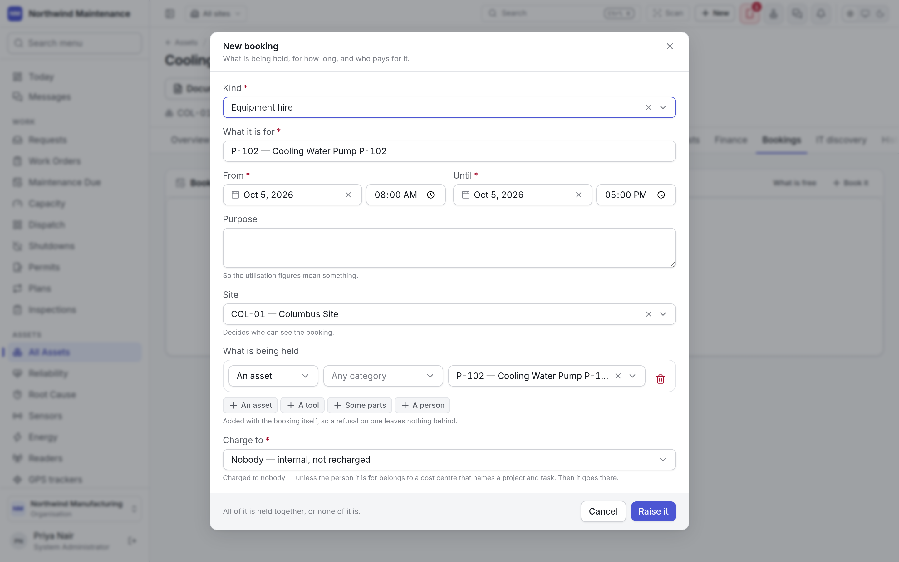 The New booking form raised from an asset, with the asset already on it
