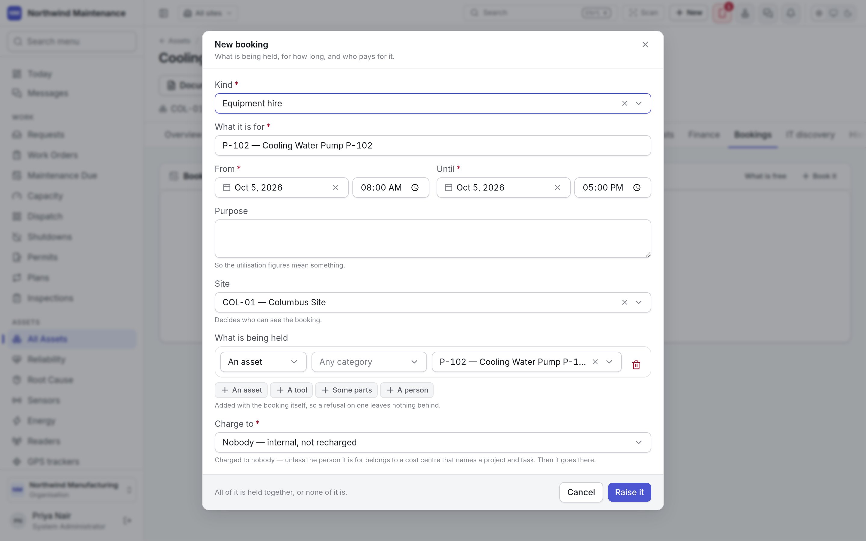 The New booking form raised from an asset, with the asset already on it