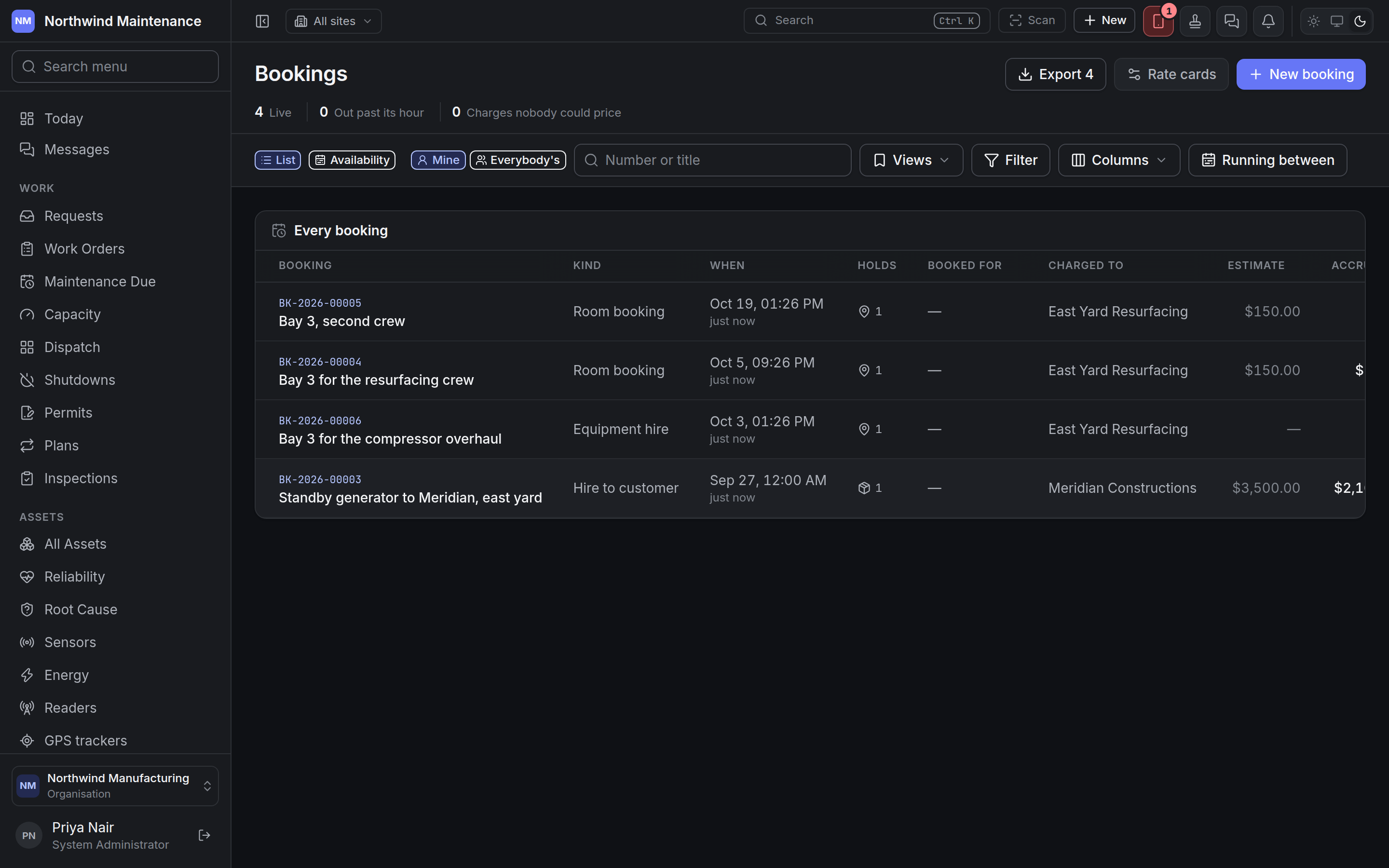 The bookings register, listing bookings with their kind, window, payer, estimate, accrued charges and status