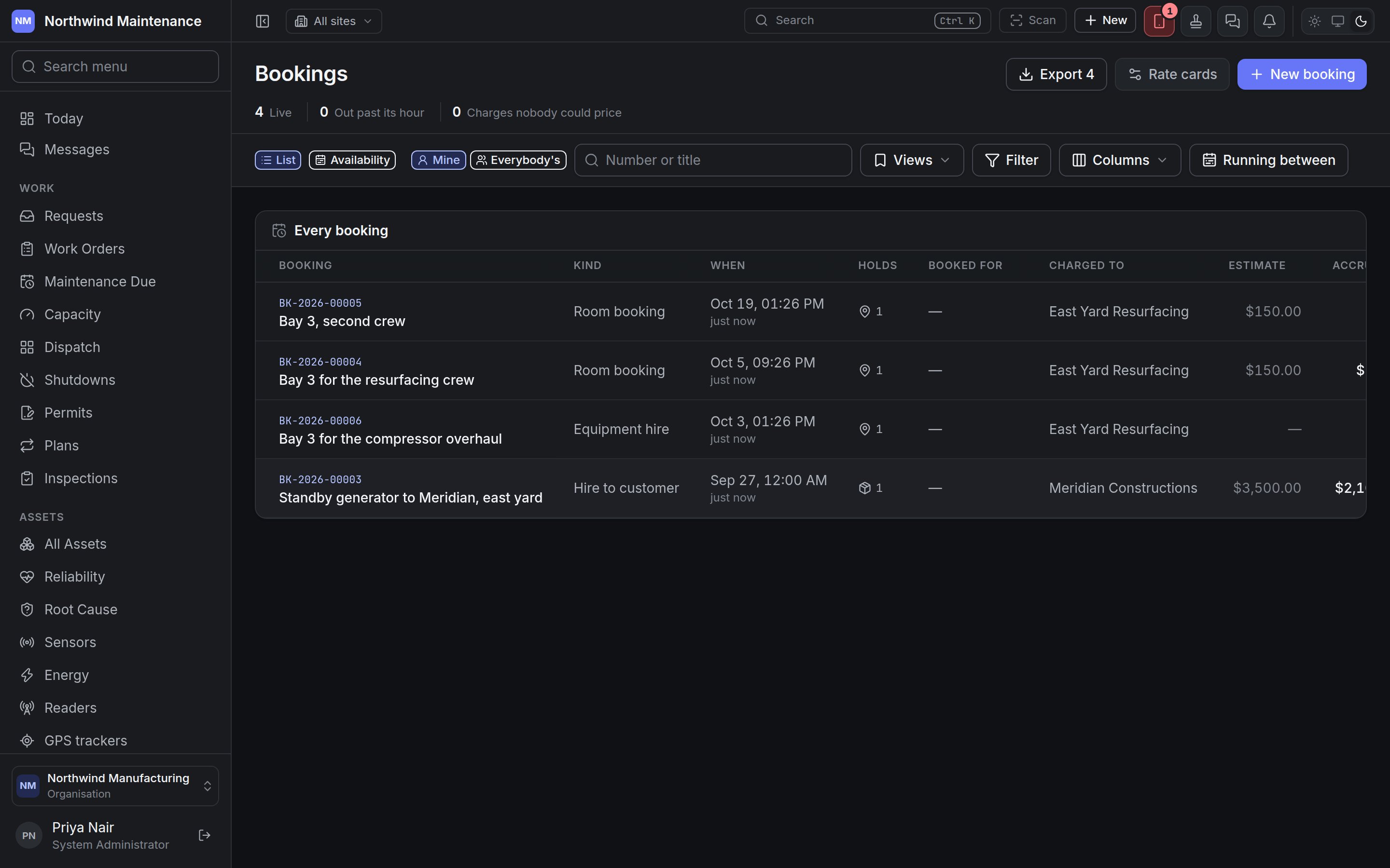The bookings register, listing bookings with their kind, window, payer, estimate, accrued charges and status