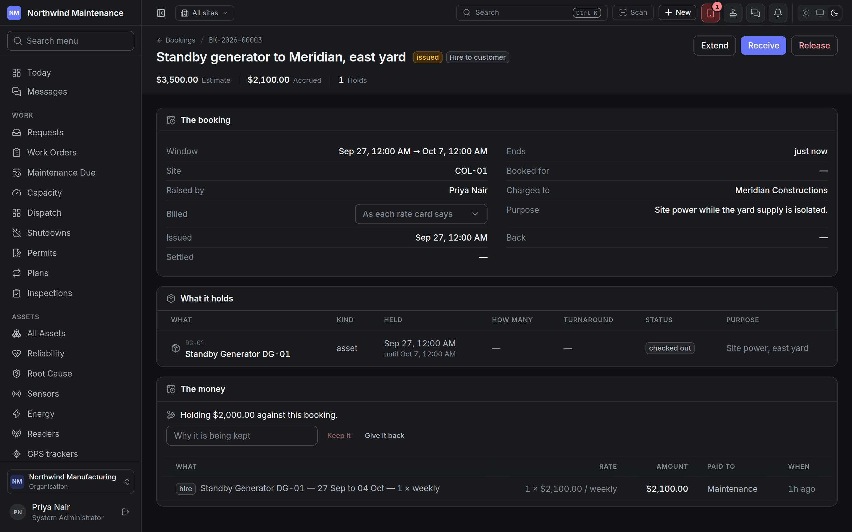 A hire-to-customer booking, with its window, what it holds, the deposit and the charge ledger