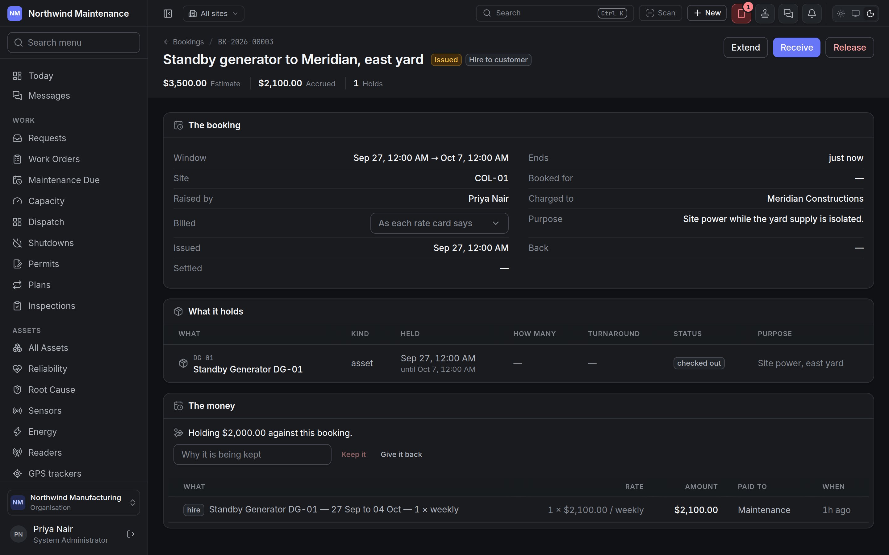 A hire-to-customer booking, with its window, what it holds, the deposit and the charge ledger
