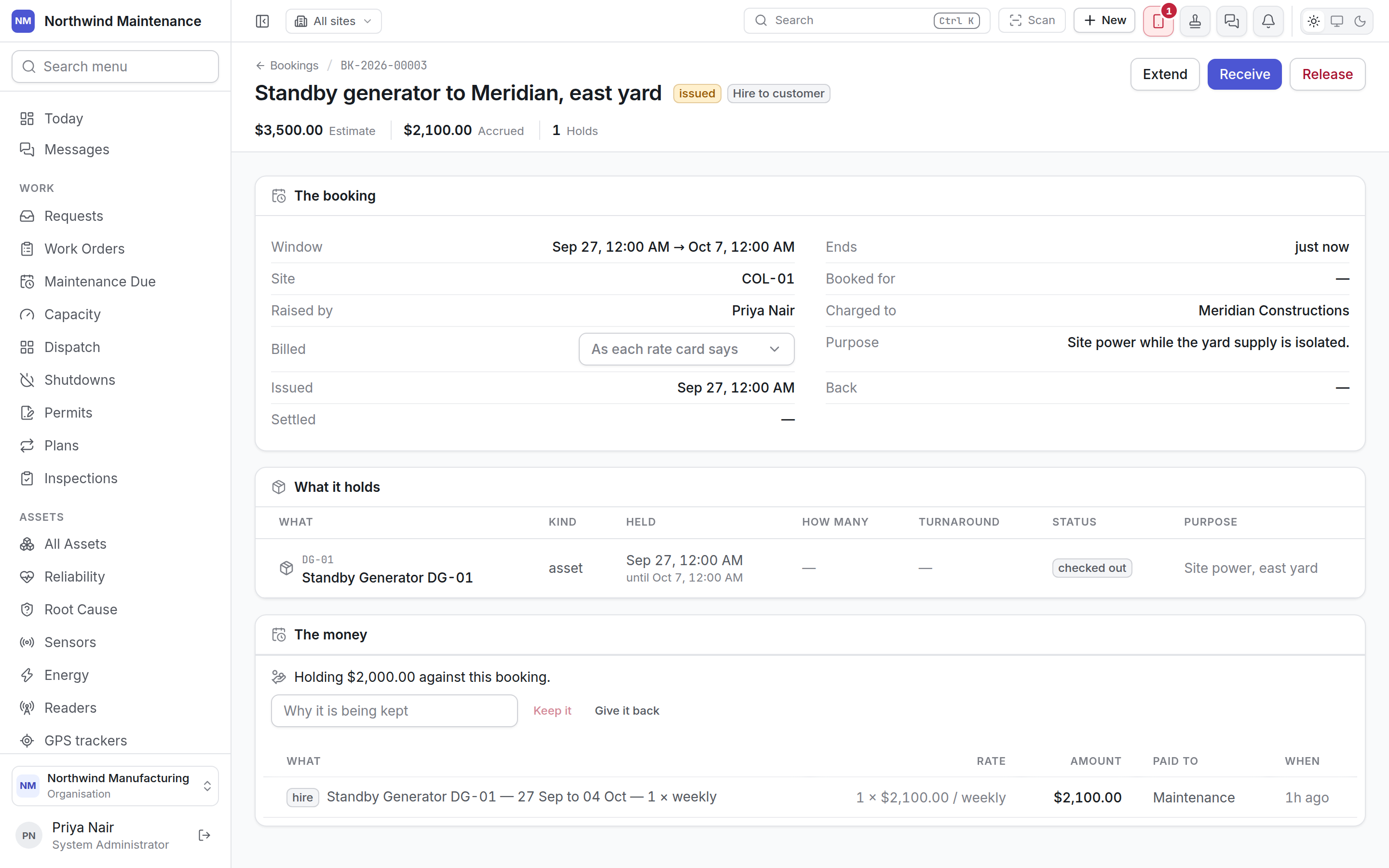 A hire-to-customer booking, with its window, what it holds, the deposit and the charge ledger