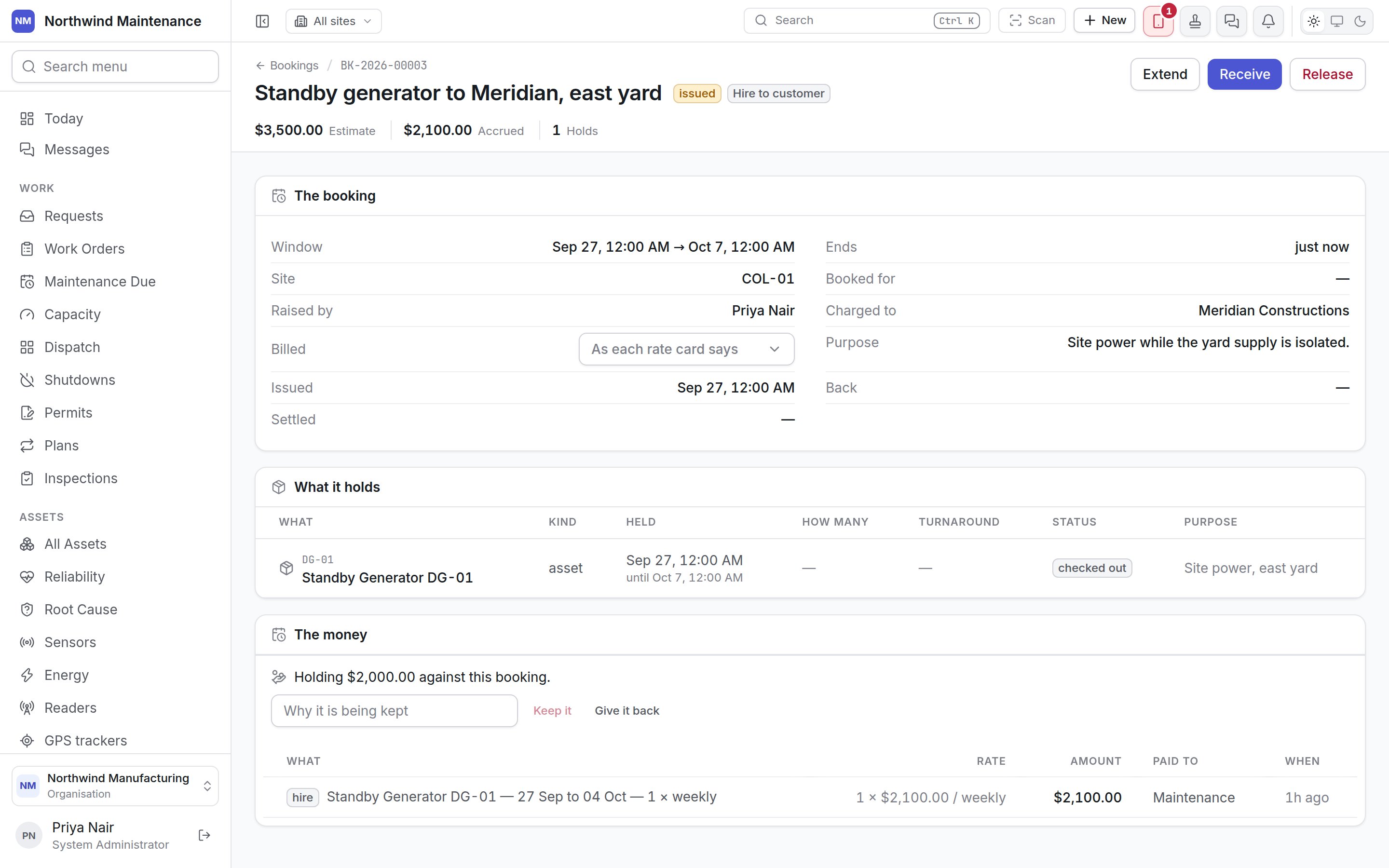 A hire-to-customer booking, with its window, what it holds, the deposit and the charge ledger