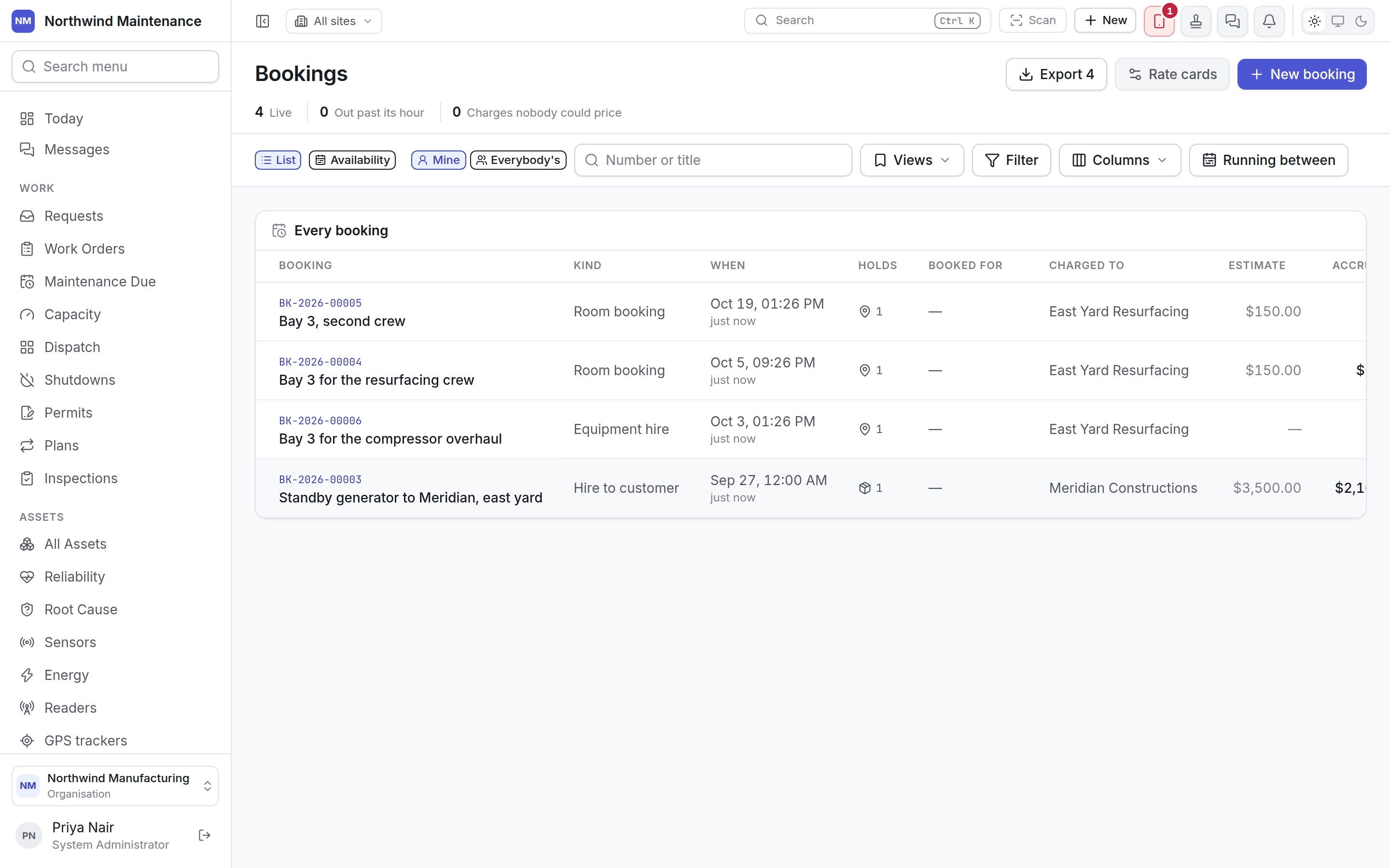 The bookings register, listing bookings with their kind, window, payer, estimate, accrued charges and status