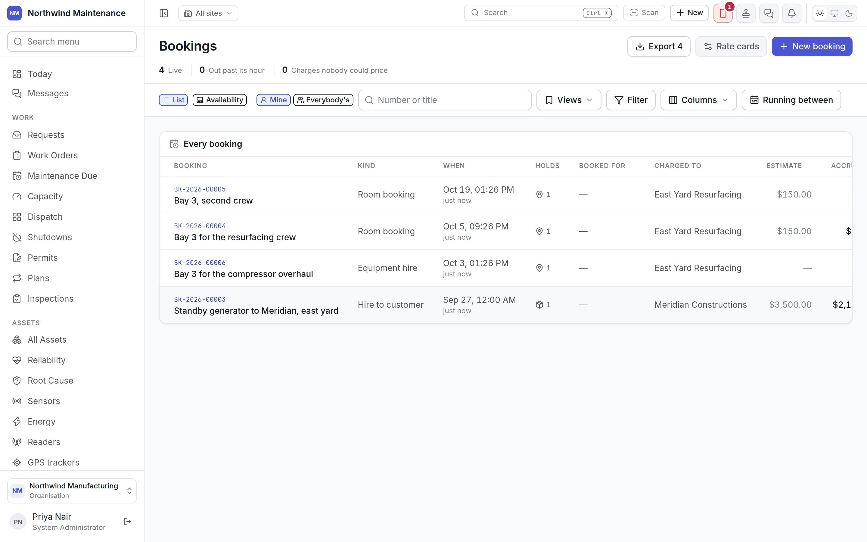 The bookings register, listing bookings with their kind, window, payer, estimate, accrued charges and status