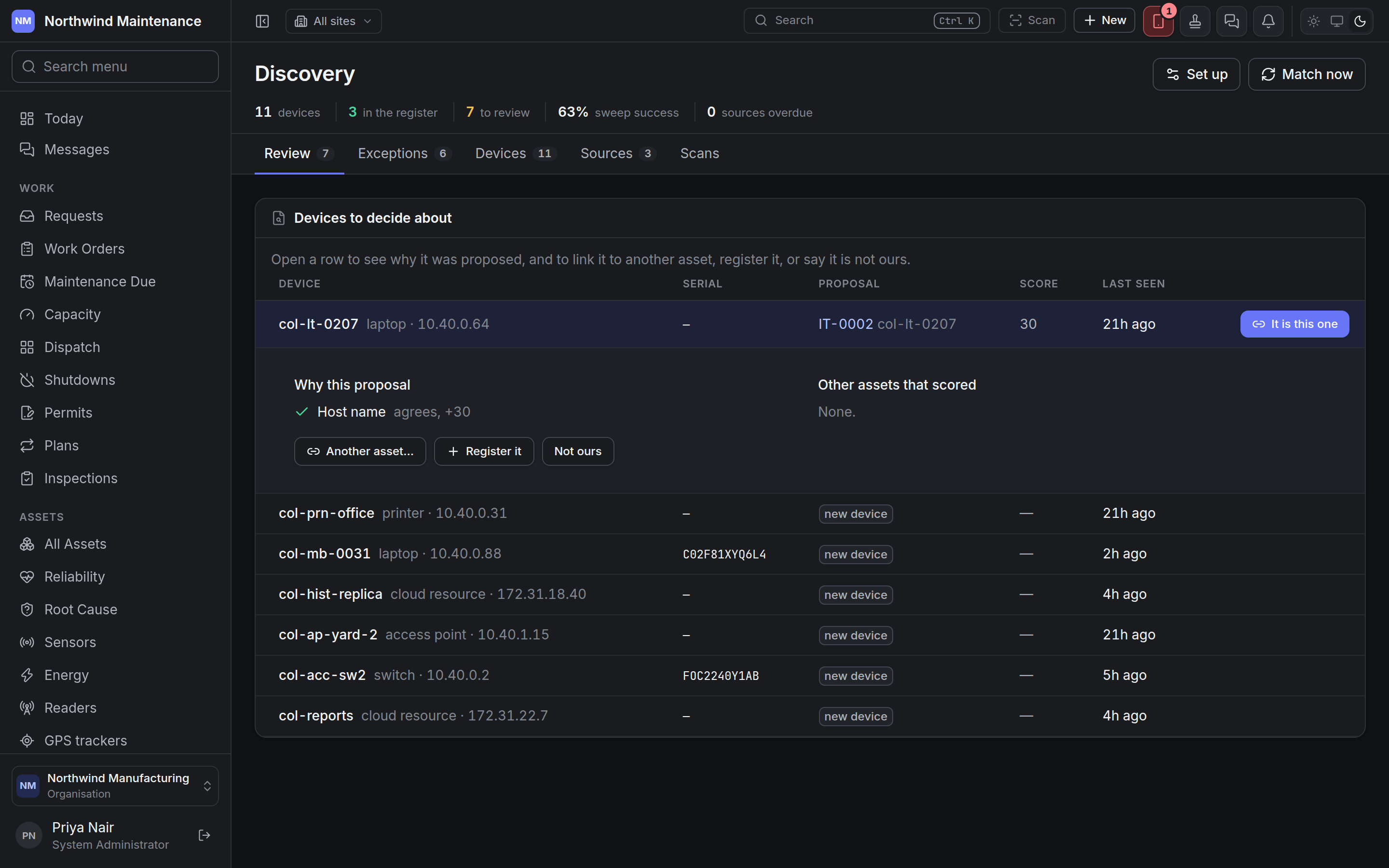 The Discovery review list with one device opened to show why it was proposed