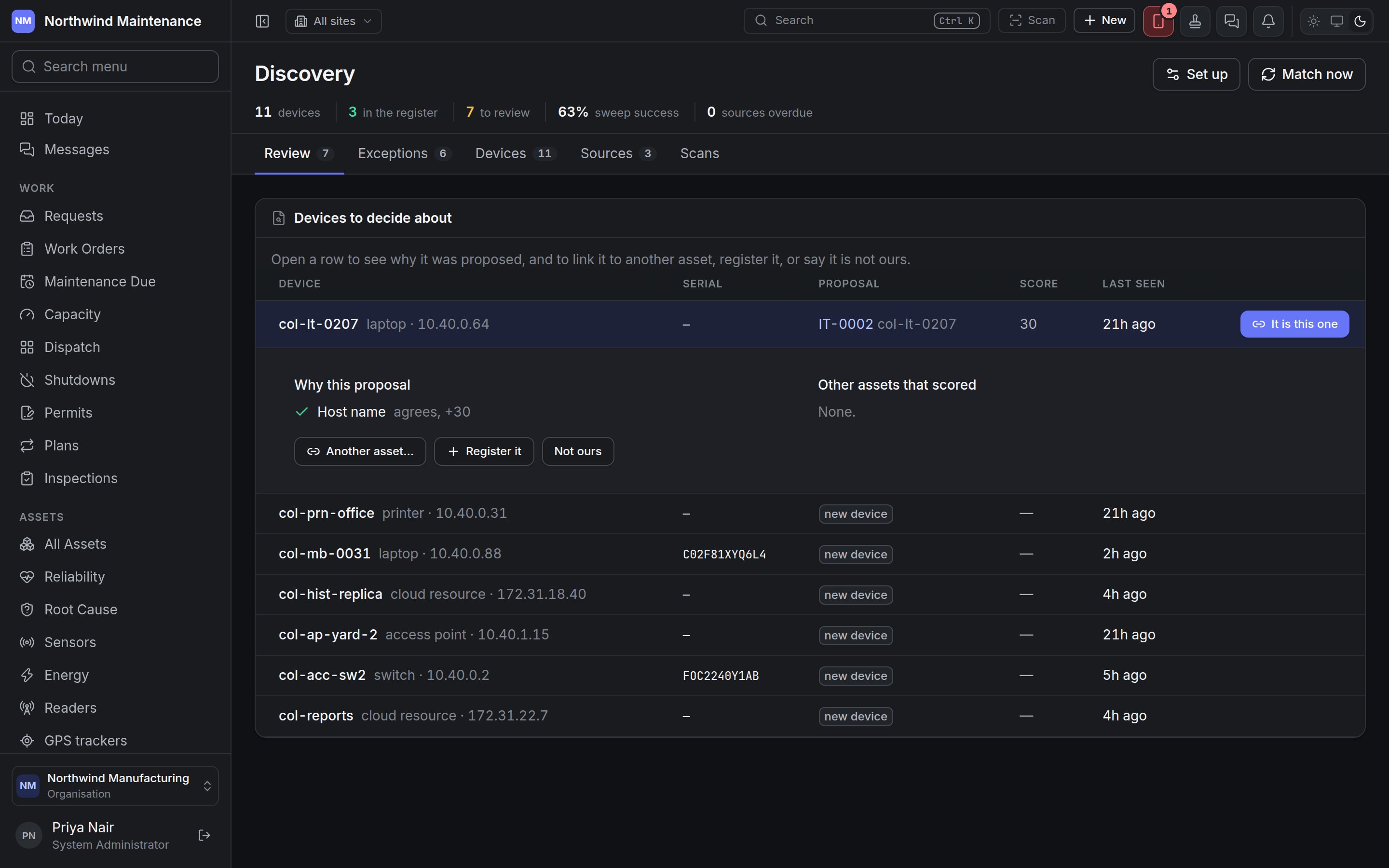 The Discovery review list with one device opened to show why it was proposed